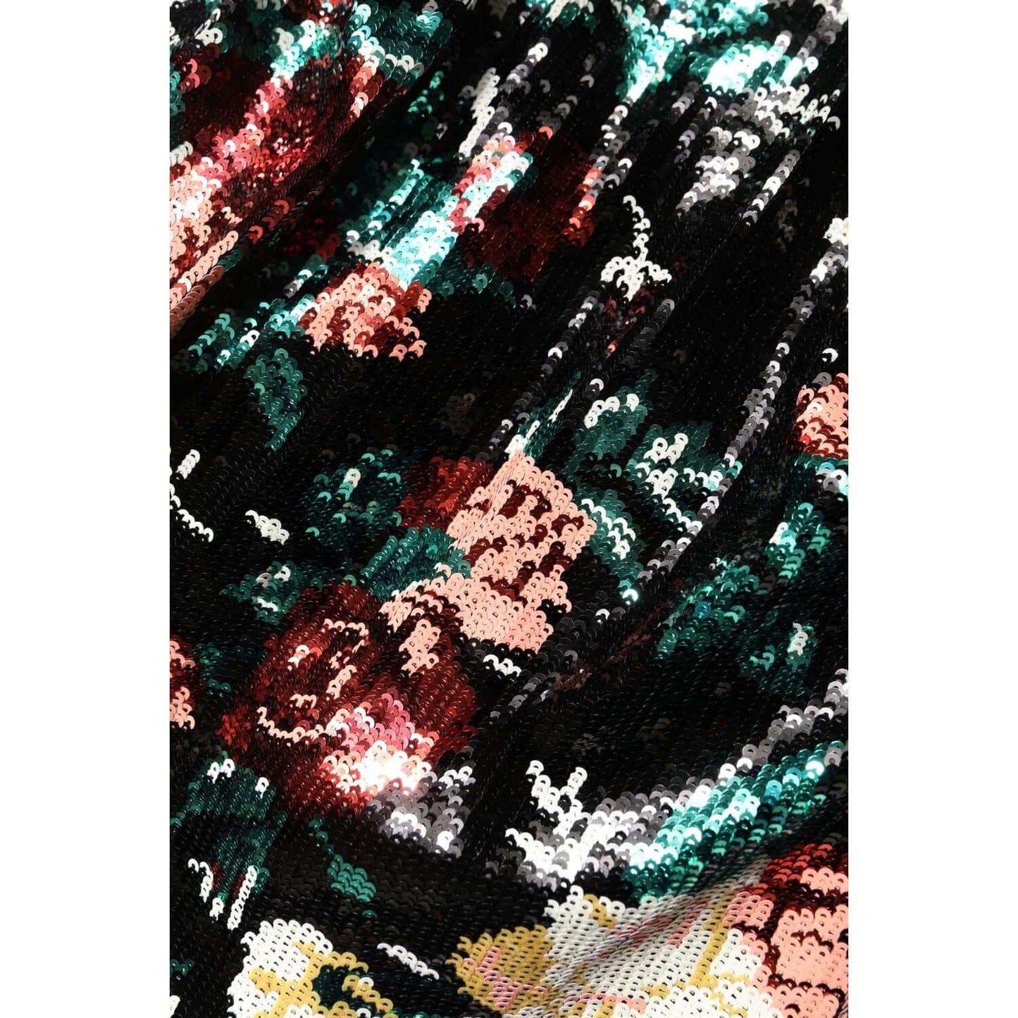 Close-up of Dolce & Gabbana black floral sequin fabric showcasing intricate design and vibrant colors.
