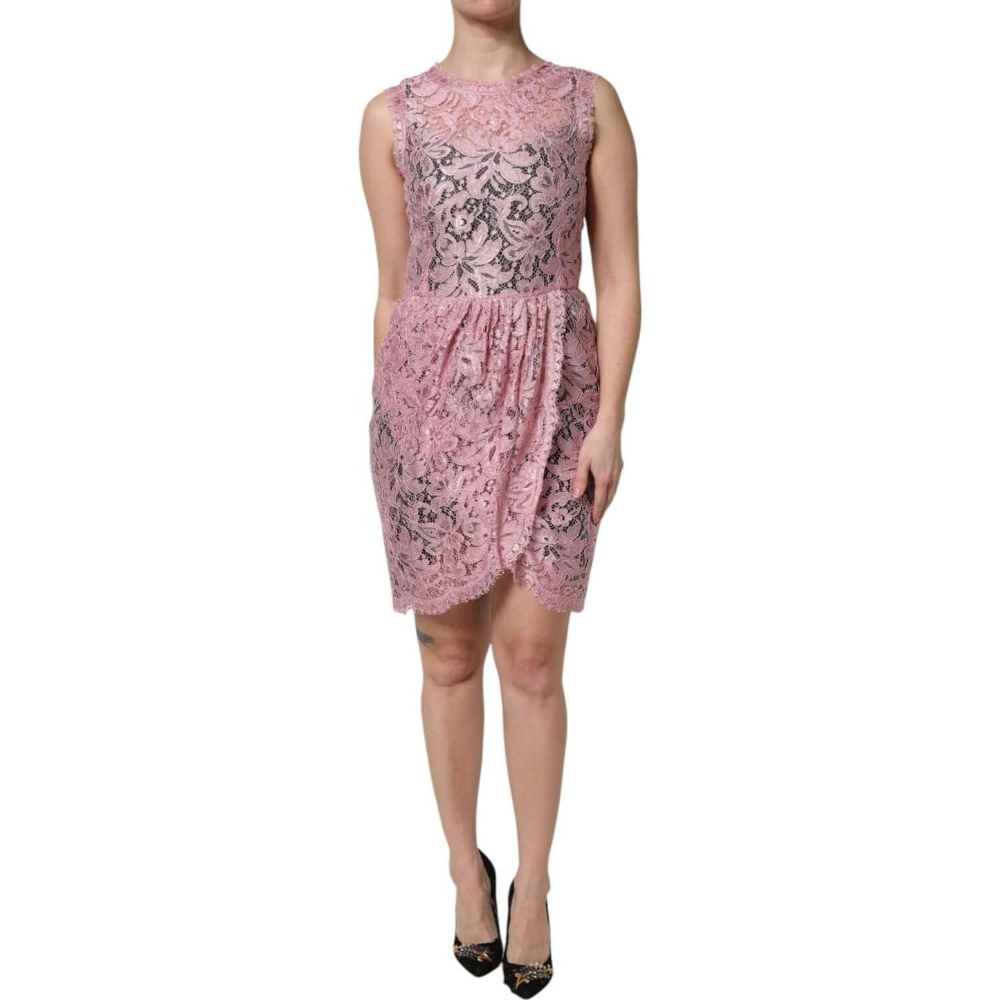 Dolce & Gabbana pink floral lace sleeveless sheath dress, elegant design with intricate details, perfect for special occasions.