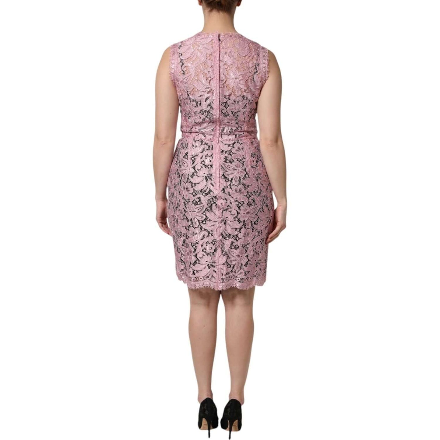 Back view of Dolce & Gabbana pink floral lace sleeveless sheath dress, featuring intricate design and fine craftsmanship, made in Italy.