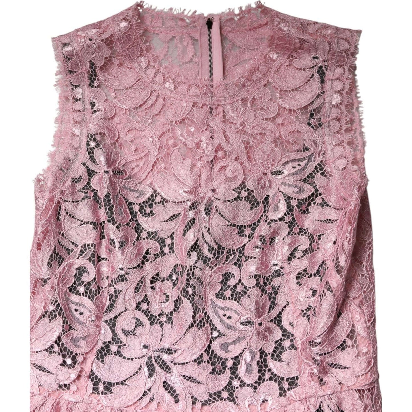 Dolce & Gabbana pink floral lace sleeveless sheath dress with intricate patterns, luxurious viscose and silk blend, made in Italy.