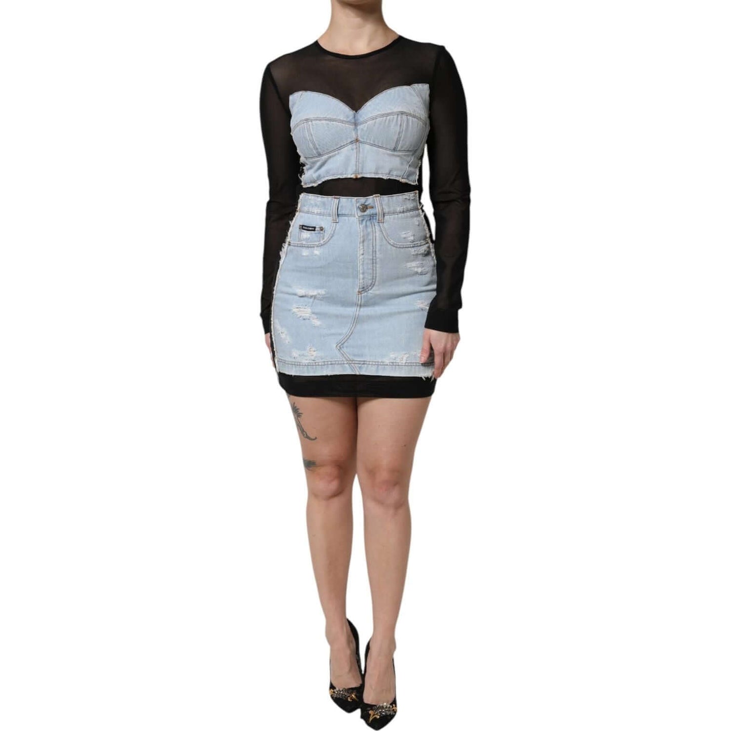 Dolce & Gabbana black and blue long sleeve denim mini dress, featuring a modern design with high craftsmanship, model wearing heels.