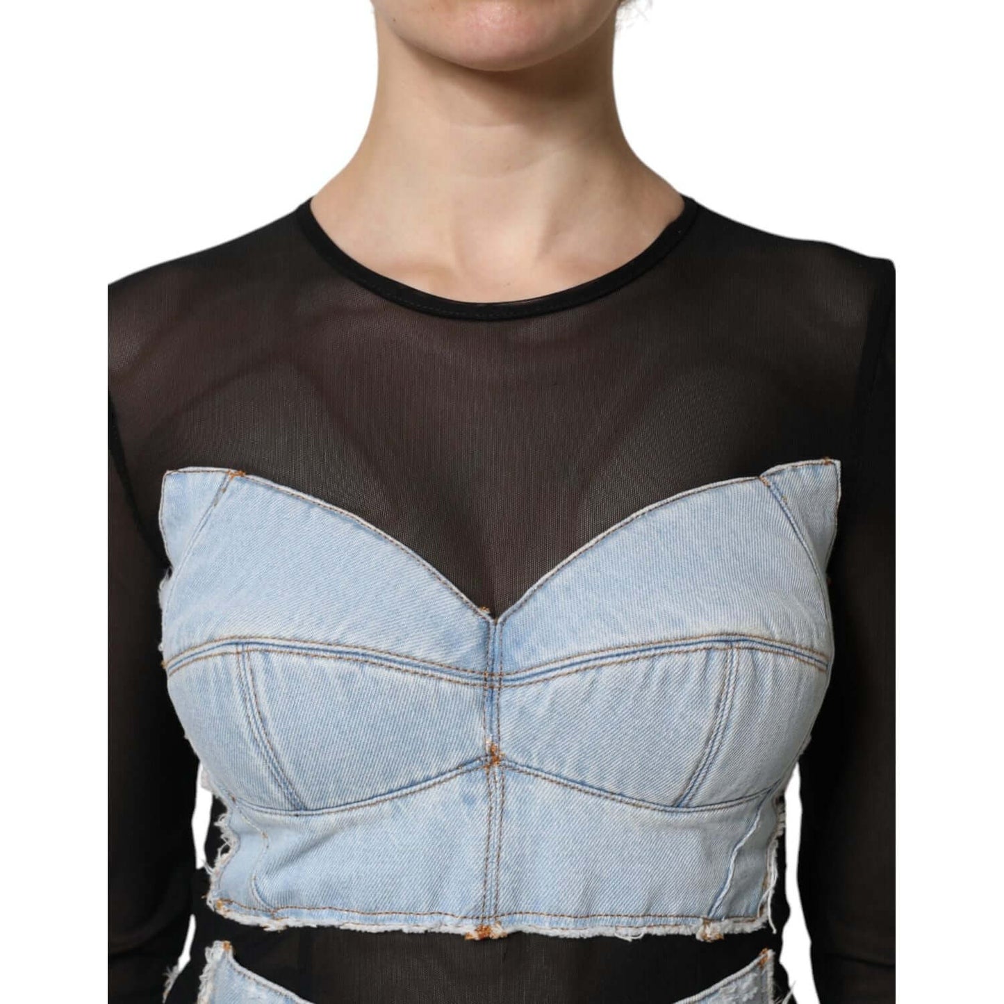 Dolce & Gabbana black blue denim mini dress with long sleeves and sheer top section, featuring detailed stitching and made in Italy.