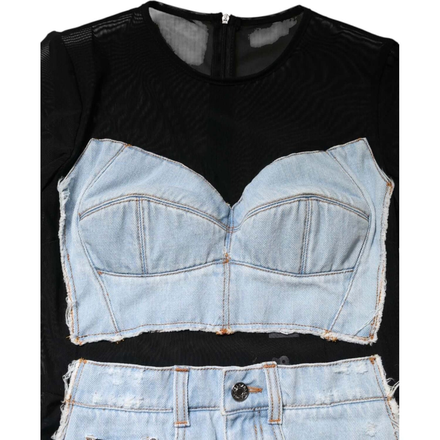 Dolce & Gabbana black and blue denim mini dress with long sleeves and zipper closure, showcasing high craftsmanship and logo details.