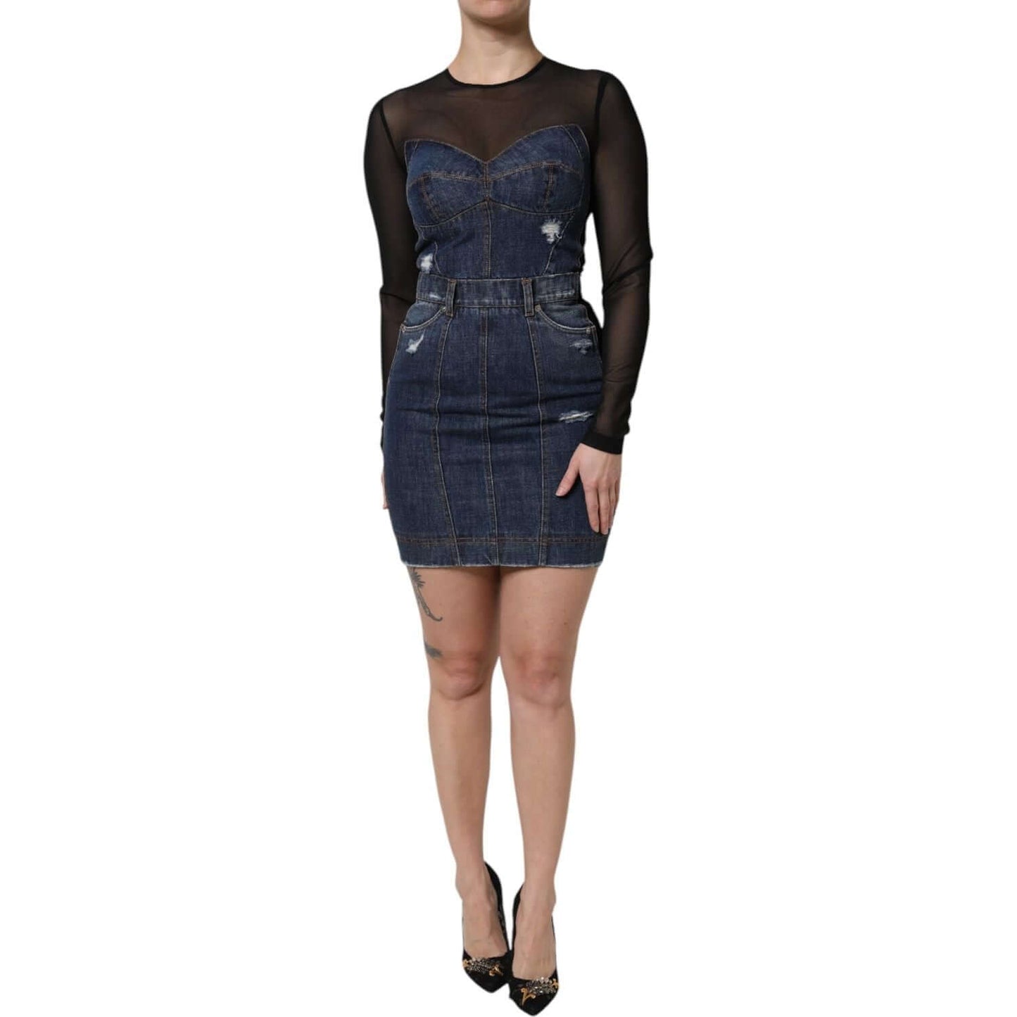 Dolce & Gabbana black blue long sleeve denim mini dress with zipper closure, showcasing high craftsmanship and logo details.