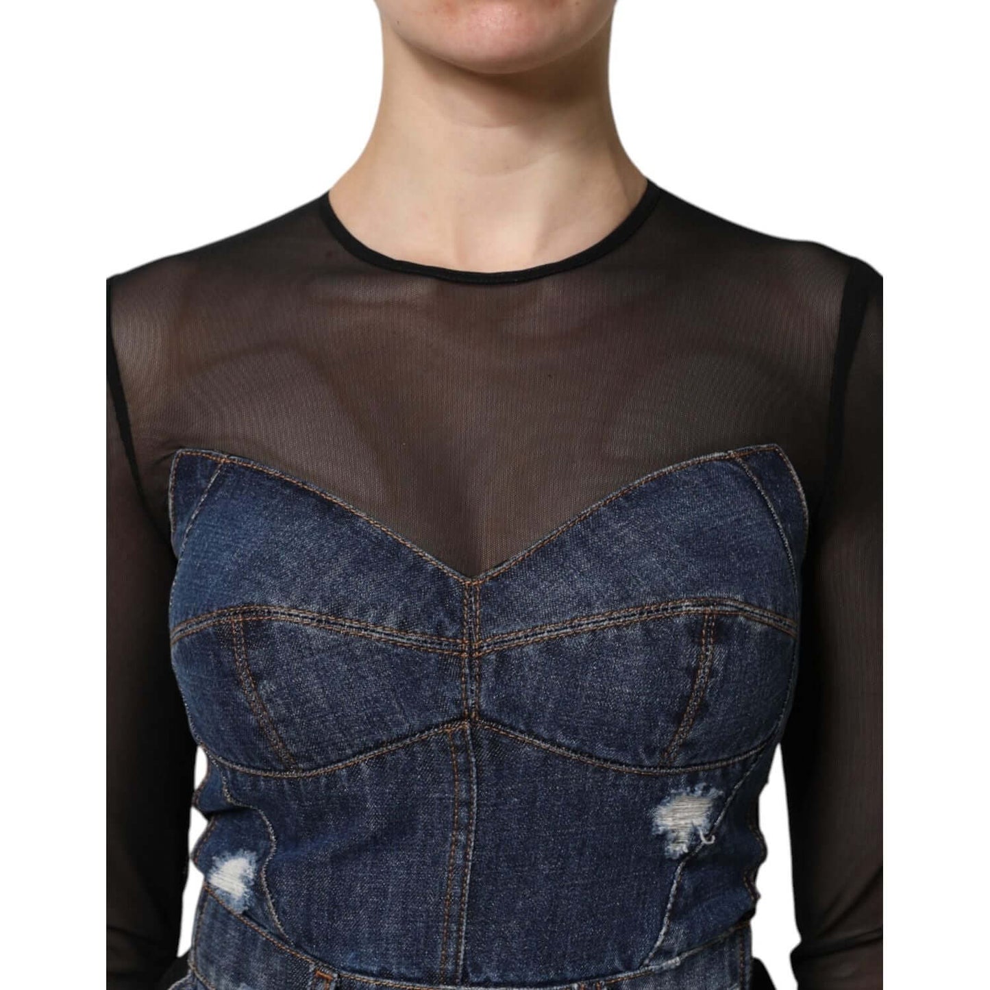 Dolce & Gabbana blue denim mini dress with black sheer long sleeves, high-quality fabric, elegant and exclusive design.
