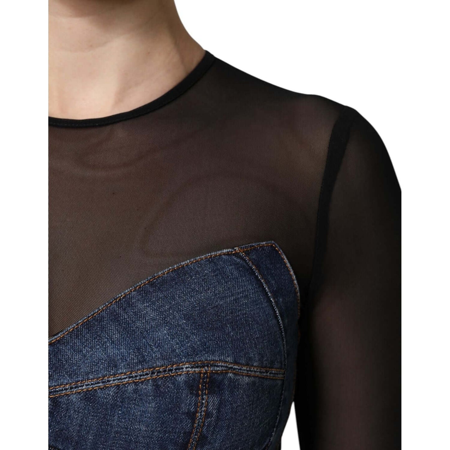 Dolce & Gabbana black and blue denim mini dress with sheer long sleeves, featuring logo details and high craftsmanship.