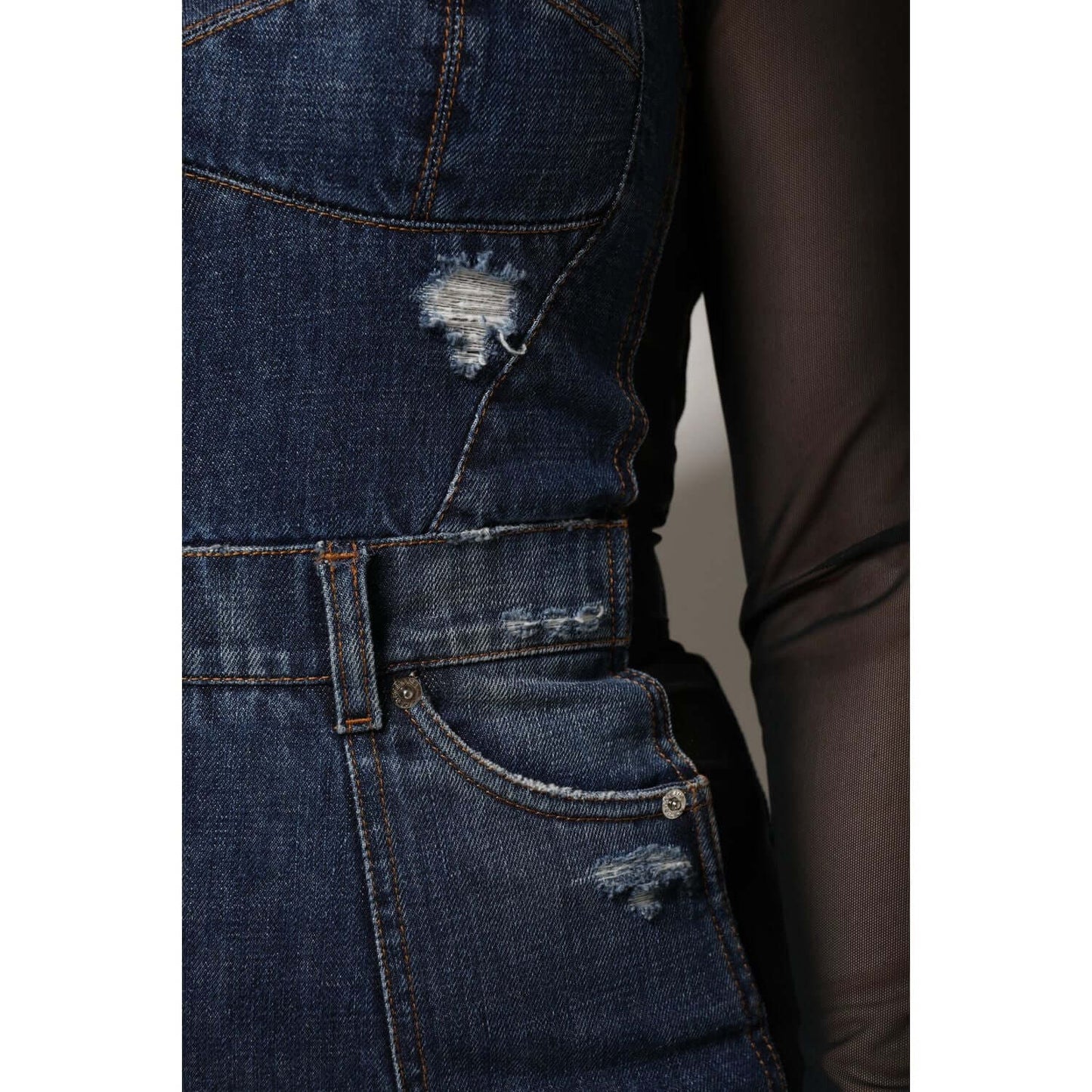 Dolce & Gabbana black blue long sleeves denim mini dress with distressed details and logo, highlighting the high craftsmanship.