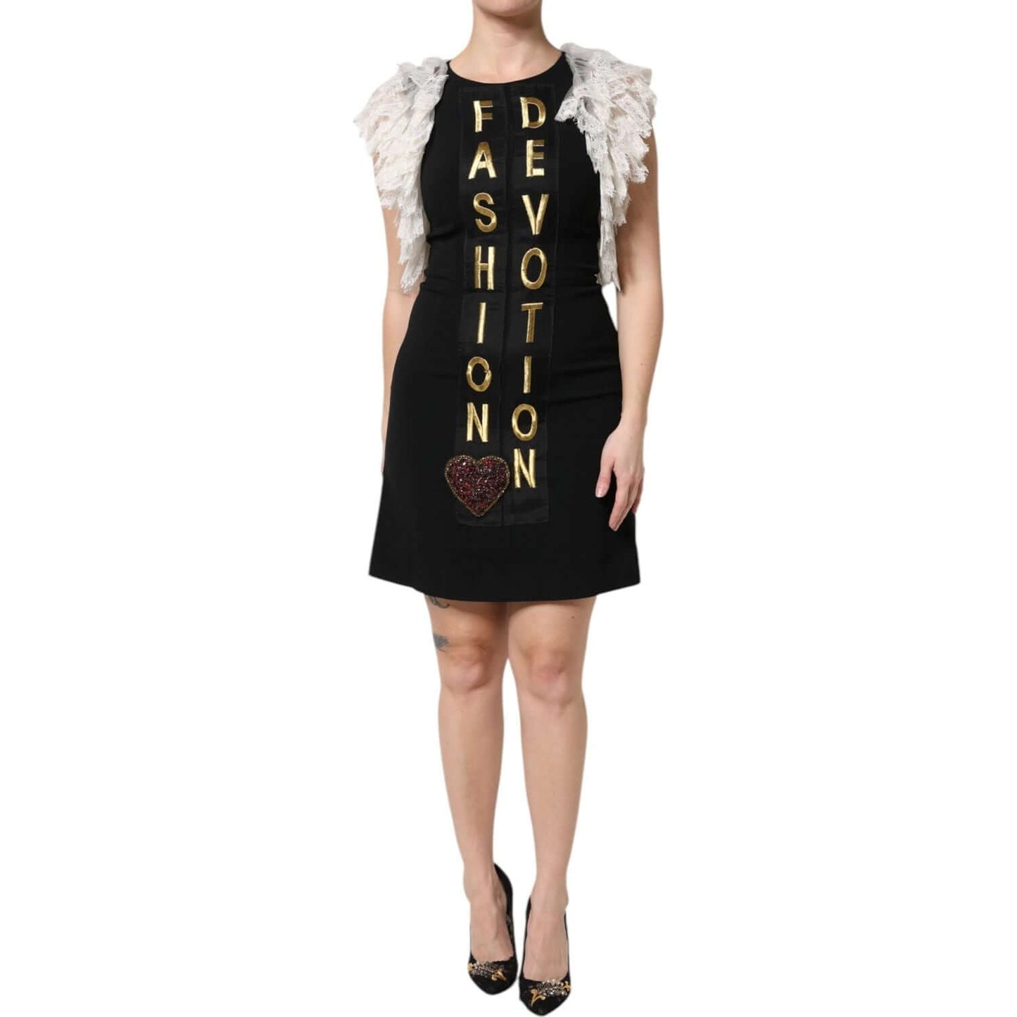 Dolce & Gabbana black sheath mini dress with 'Fashion Devotion' embellishment, feathers, and heart motif. High craftsmanship, Made in Italy.