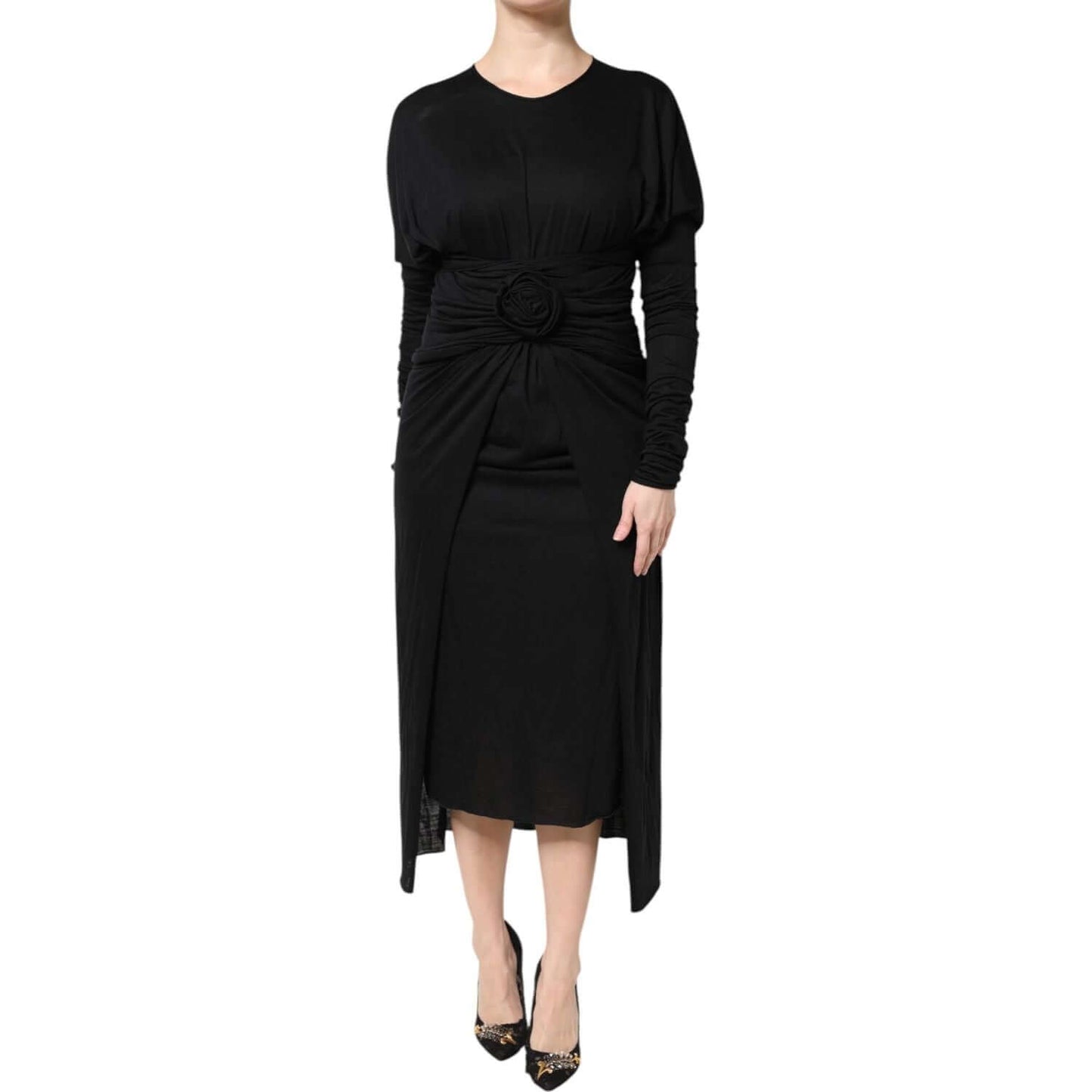 Dolce & Gabbana black wool long sleeves sheath midi dress, elegant Italian craftsmanship, featuring zipper closure and logo details.