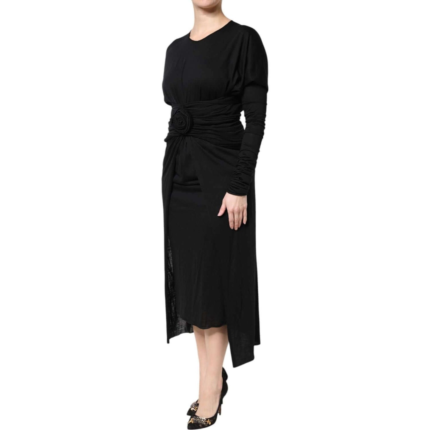 Dolce & Gabbana black wool long sleeve sheath midi dress with zipper closure and logo details, high craftsmanship, made in Italy.