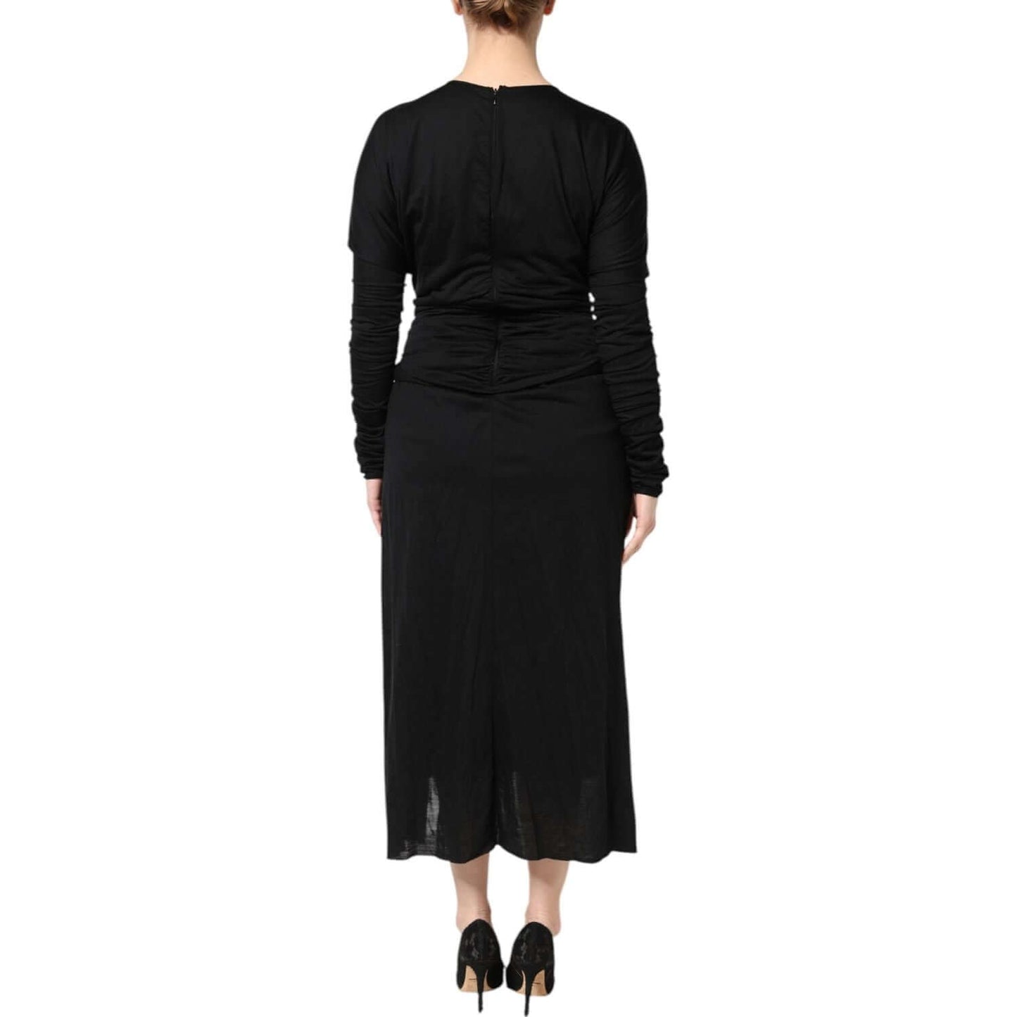 Back view of Dolce & Gabbana black wool sheath midi dress with long sleeves and zipper closure, made in Italy.