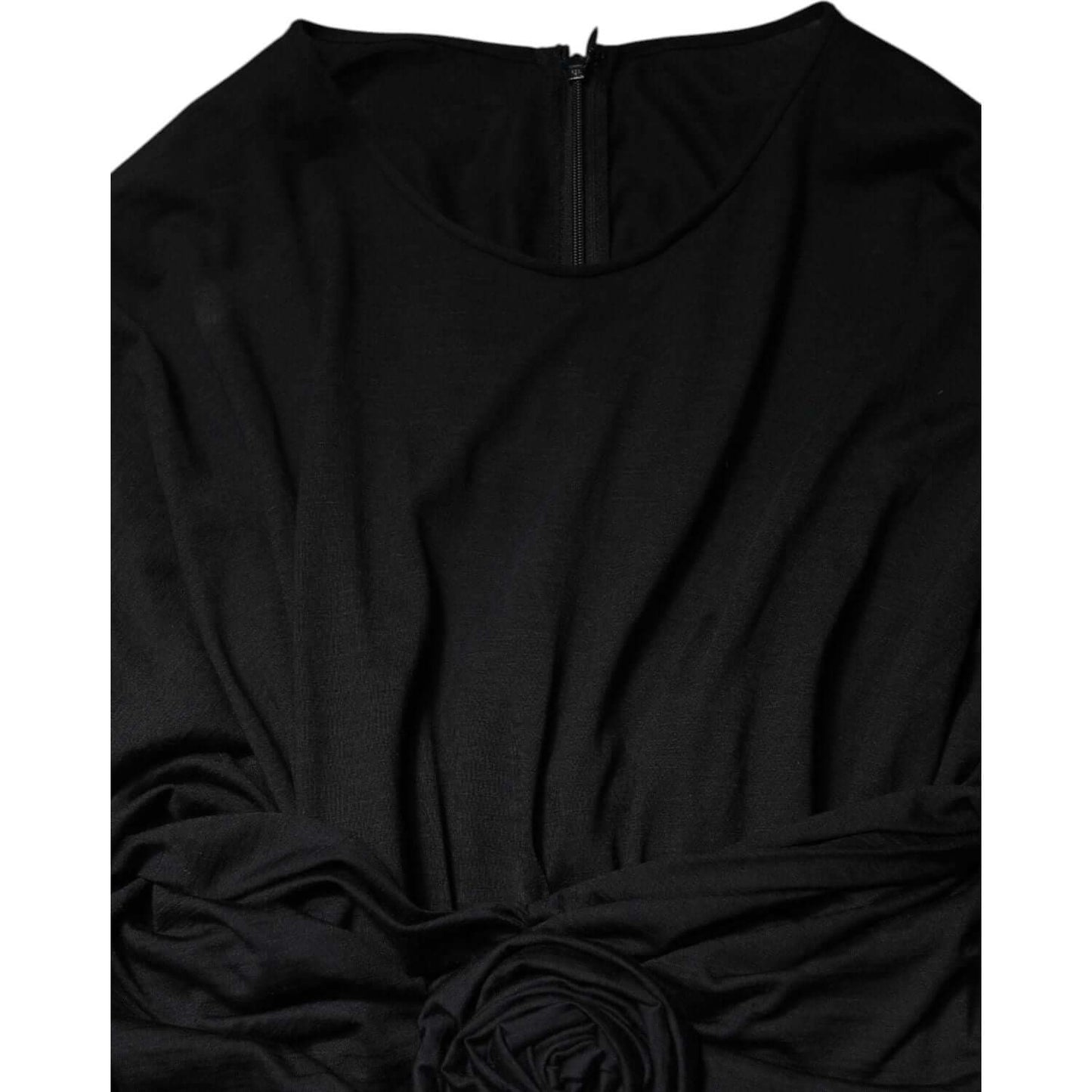 Dolce & Gabbana black wool sheath midi dress, long sleeves, zipper closure, exclusive Italian craftsmanship.