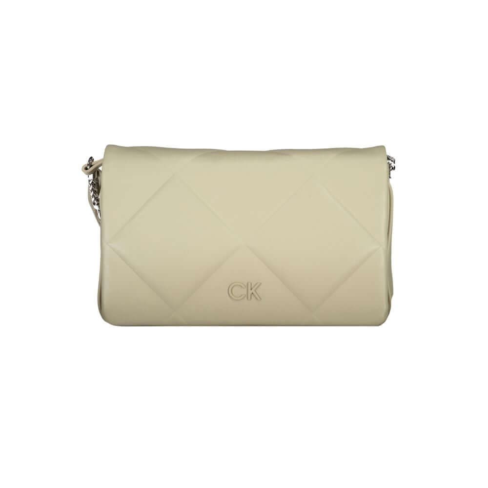 Calvin Klein beige cotton handbag with adjustable strap, two compartments, card pocket, snap closure, and logo detailing.