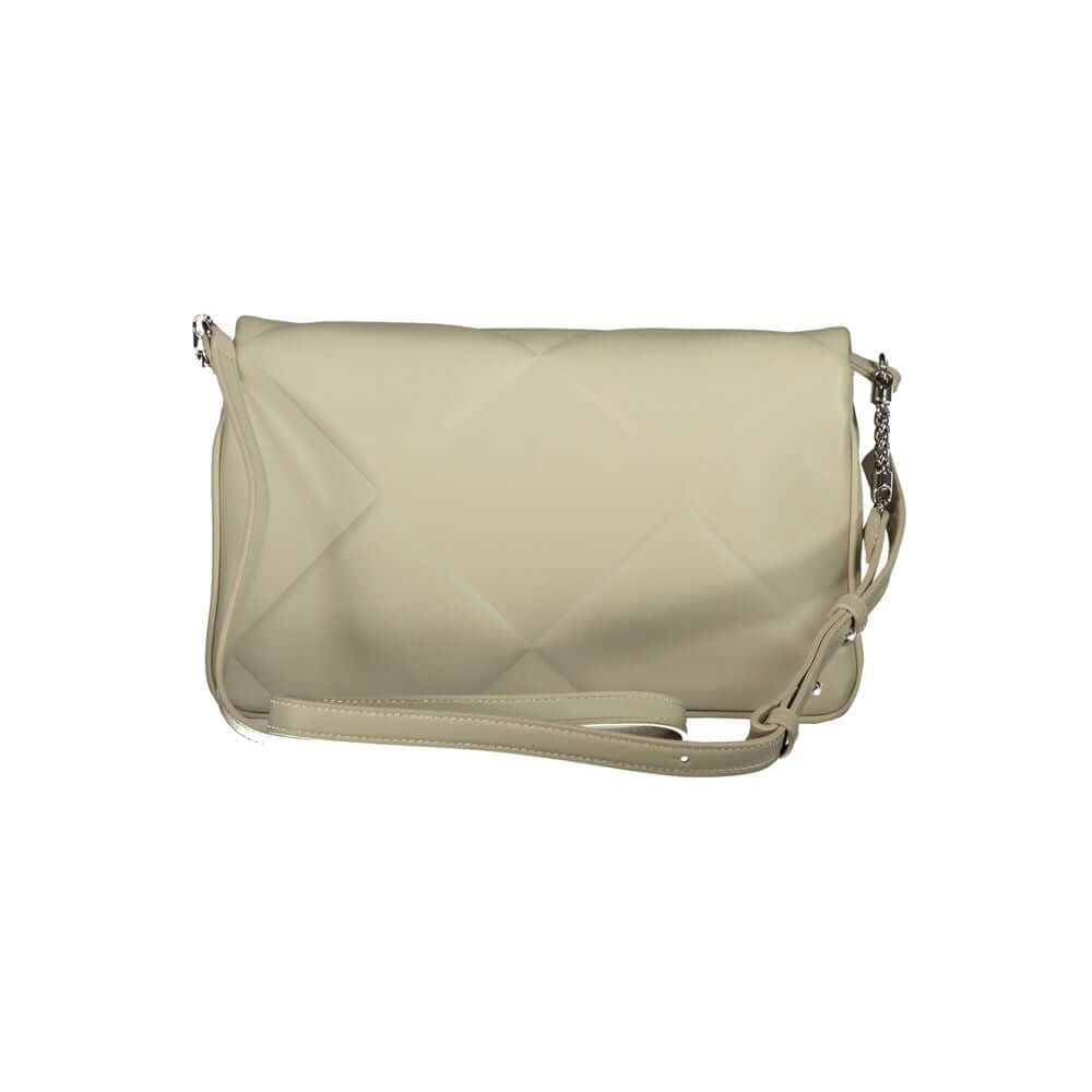 Calvin Klein beige cotton handbag with adjustable shoulder strap, two compartments, internal card pocket, and snap closure.