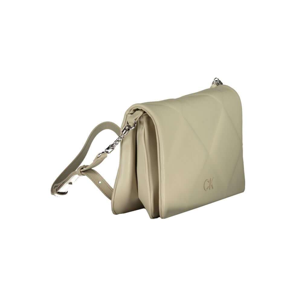 Calvin Klein beige cotton handbag with adjustable shoulder strap, snap closure, and logo in recycled polyester with contrasting details.