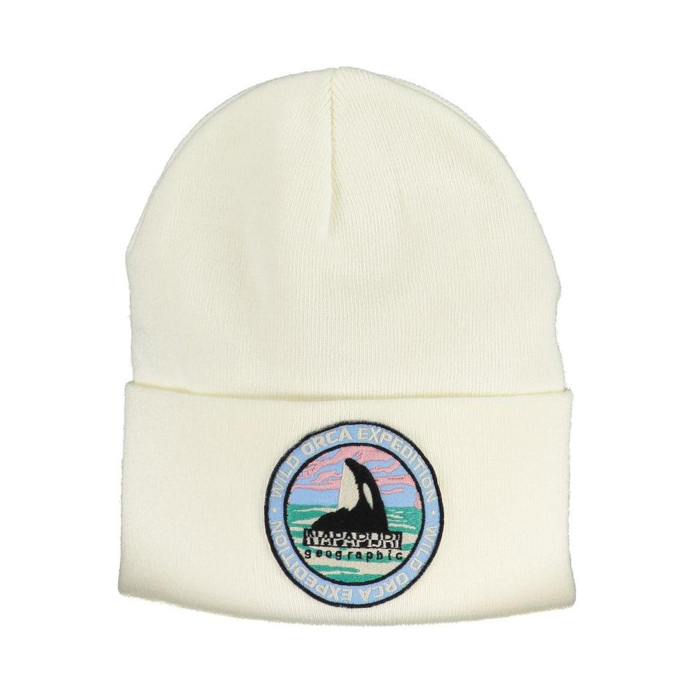 Napapijri white acrylic hat with embroidered logo patch, stylish and warm beanie for winter wear