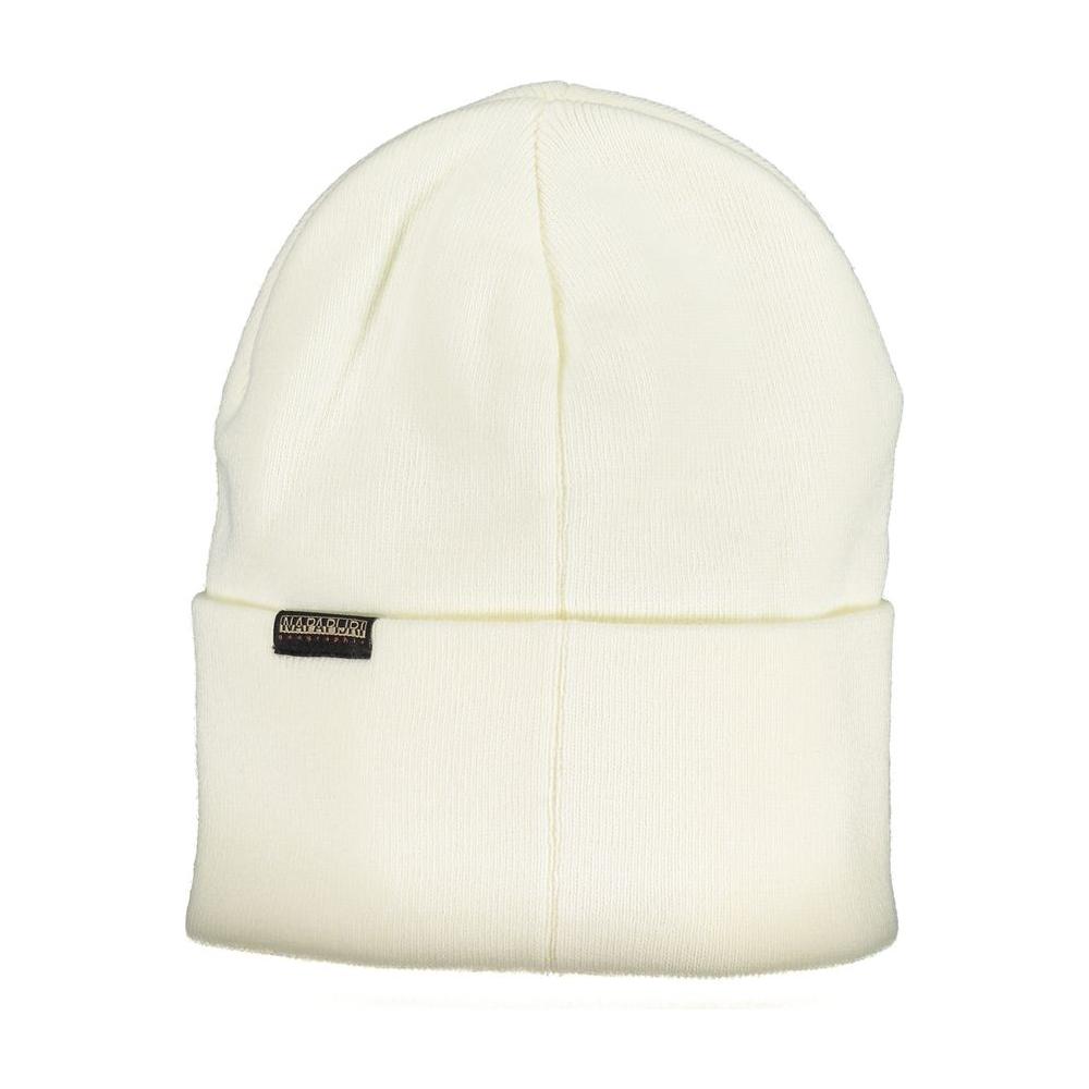 Napapijri white acrylic hat with logo application, stylish and warm design for winter fashion.