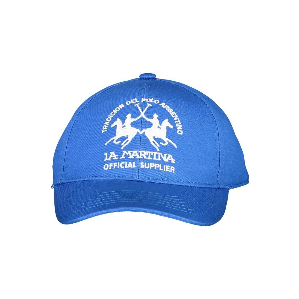 La Martina blue cotton men's cap with embroidered logo, perfect for fashion-forward outfits, made from 100% cotton for comfort.