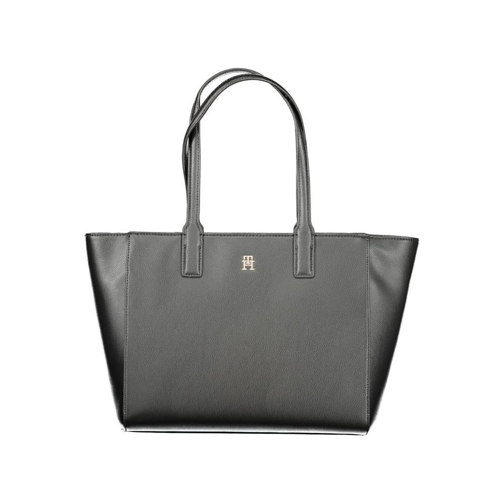 Tommy Hilfiger black recycled polyester women's handbag with two handles, featuring iconic logo and eco-friendly chic design.