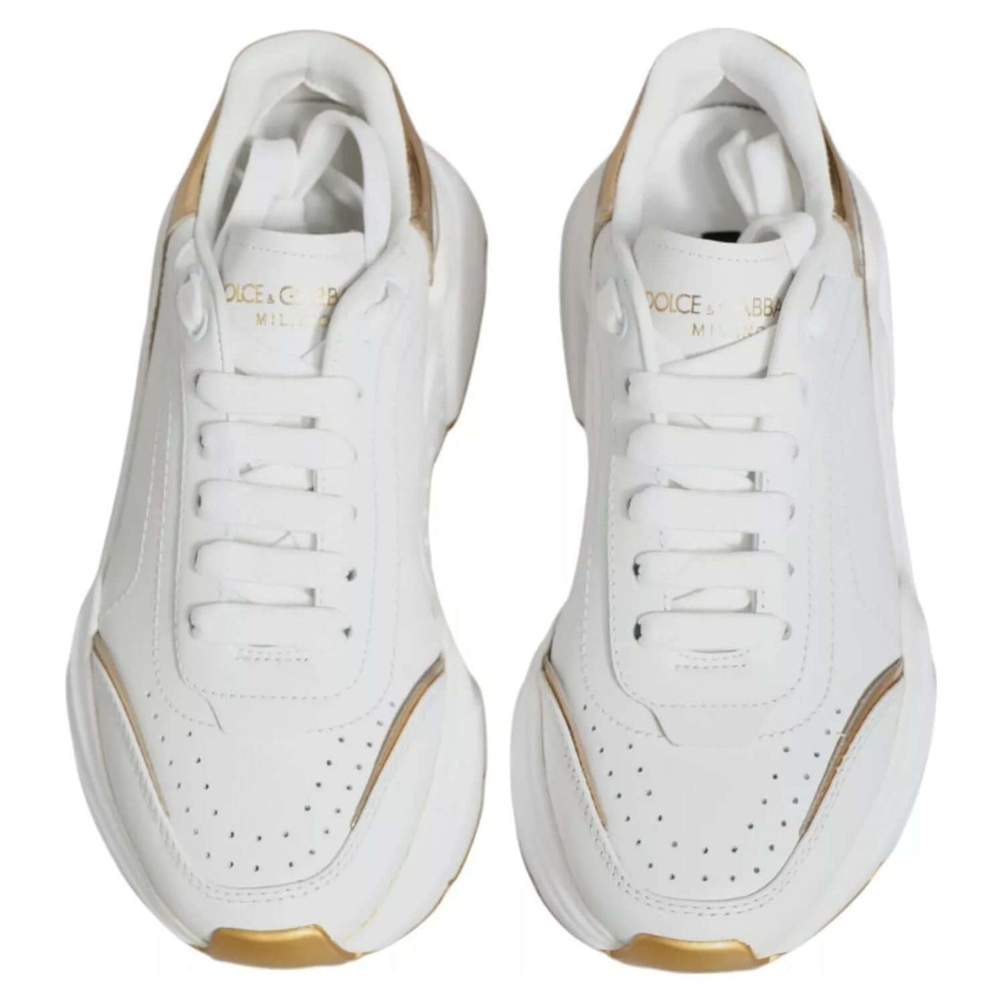 Dolce & Gabbana Daymaster sneakers, white and gold, calf leather, rubber sole, lace-up, logo details, made in Italy, exclusive shoes.