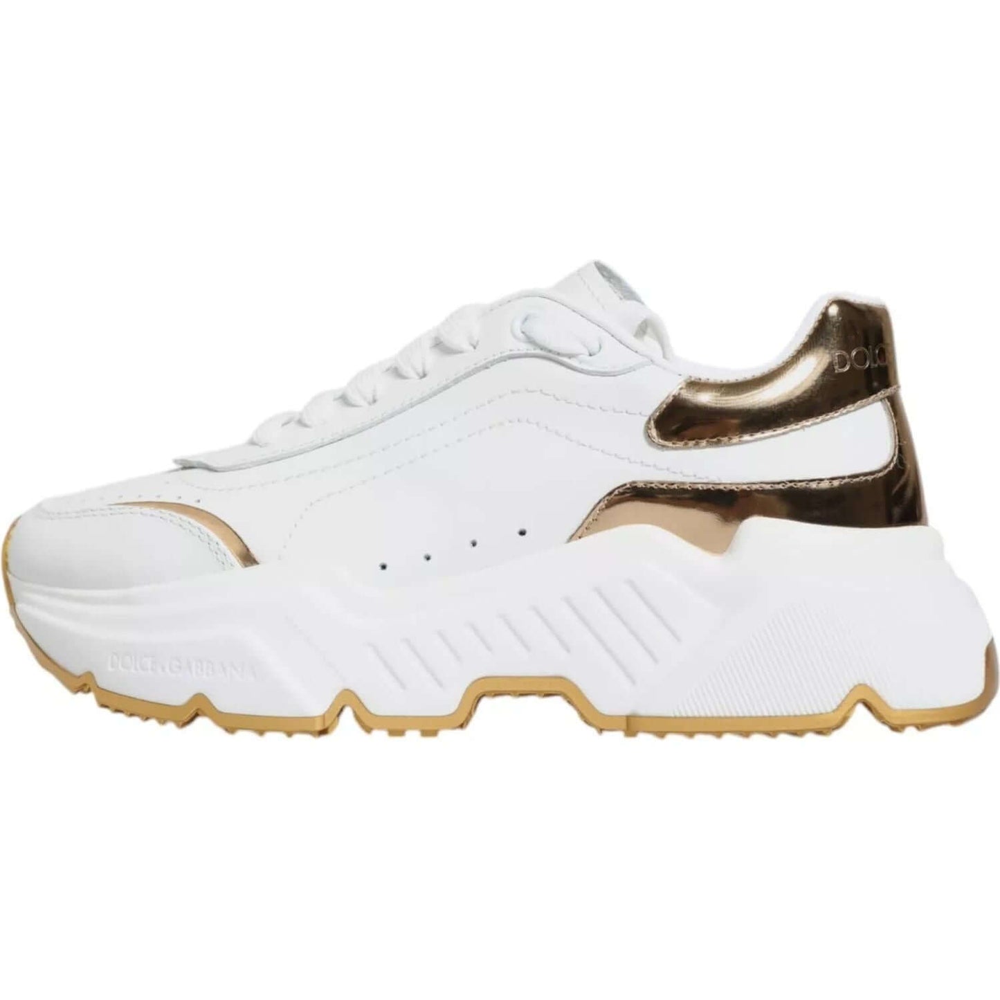 Dolce & Gabbana white gold Daymaster low-top sneakers with lace-up closure and logo details, crafted from calf leather and rubber sole.