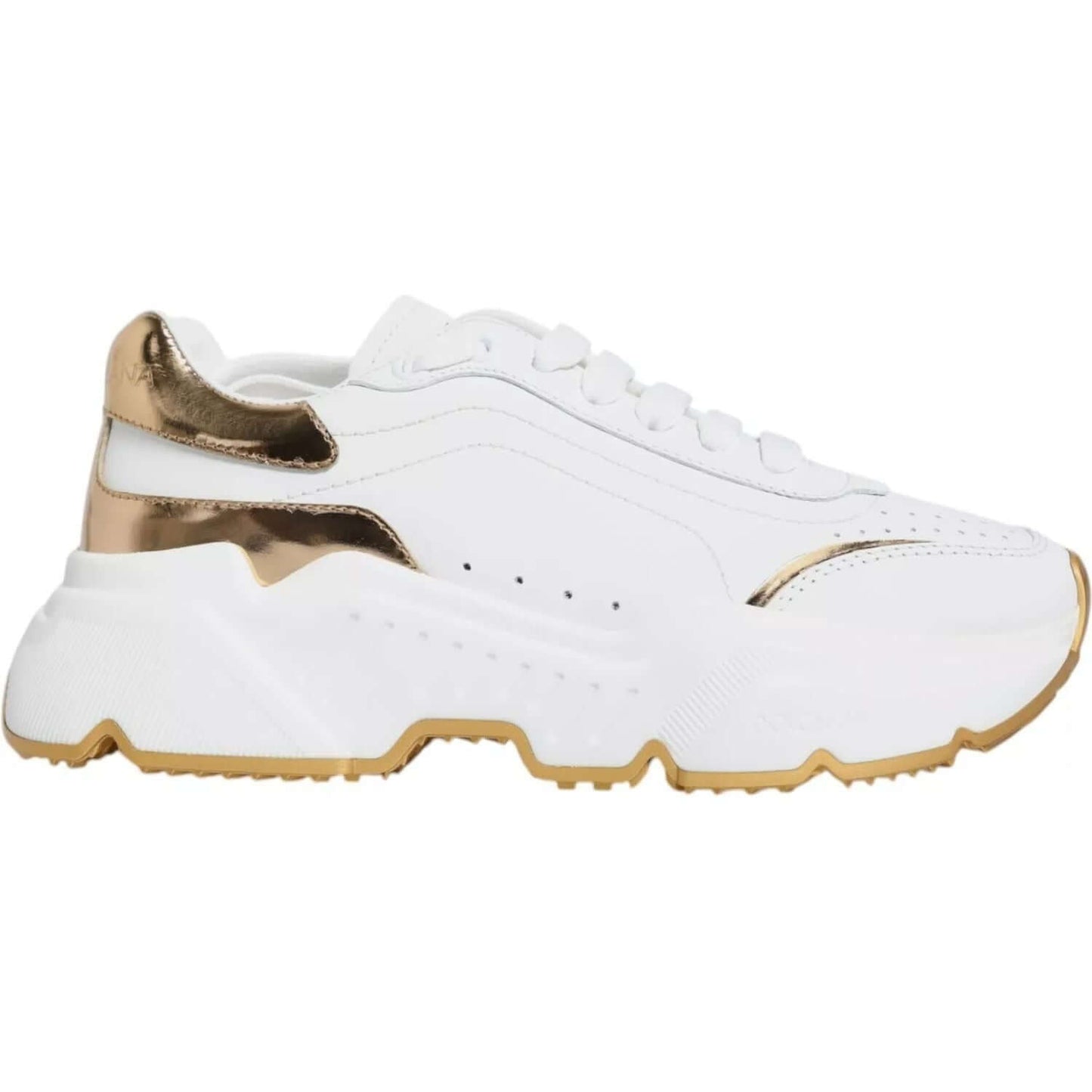 Dolce & Gabbana white gold Daymaster low-top sneakers with rubber sole and logo details, made from calf leather and polyester, side view.