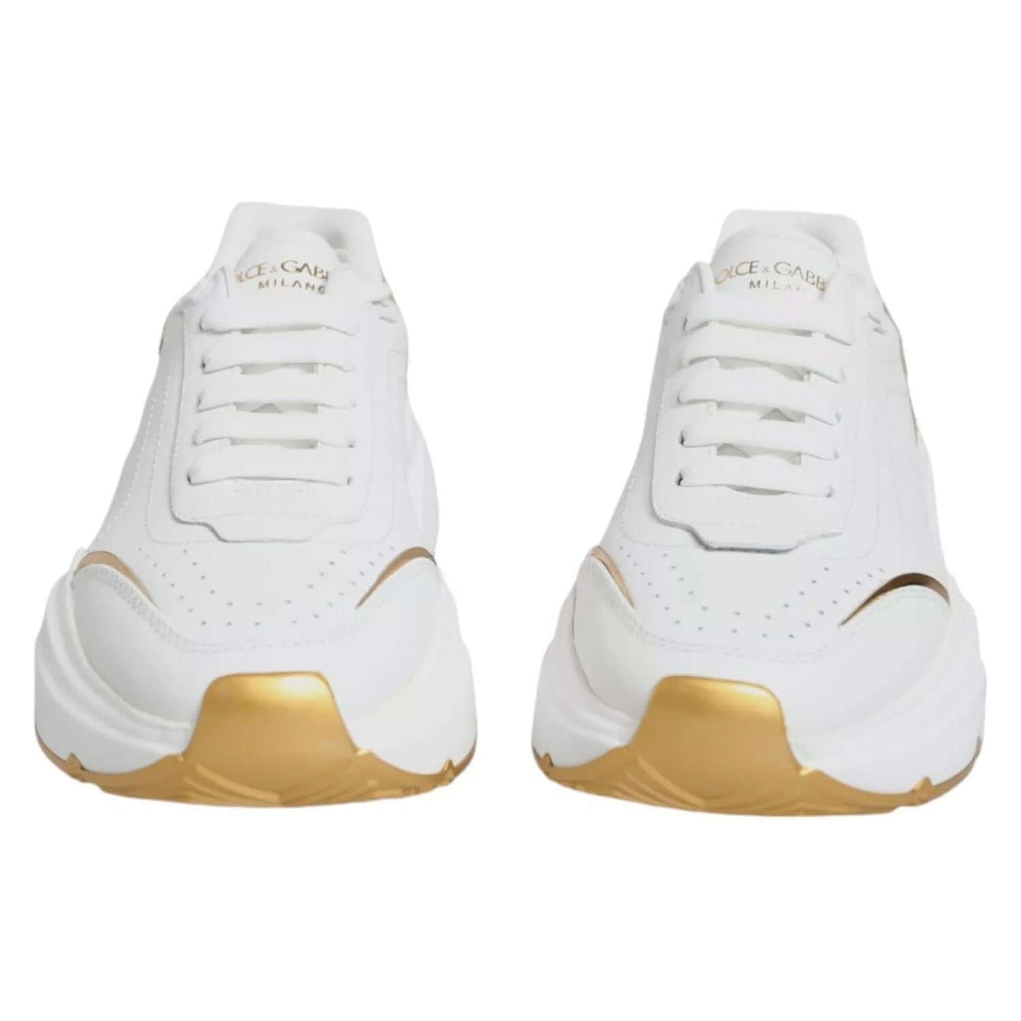 Dolce & Gabbana White Gold Daymaster Low Top Sneakers with calf leather and rubber soles, featuring logo details, Italian craftsmanship.
