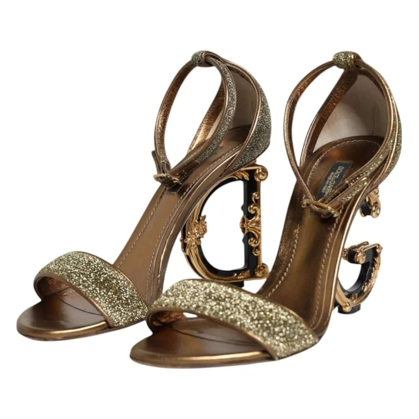 Dolce & Gabbana gold lurex ankle strap heel sandals with logo, buckle closure, and leather sole, preowned luxury Italian footwear