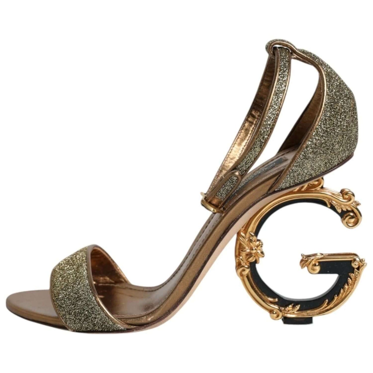 Dolce & Gabbana gold lurex ankle strap heel sandals with logo detail, luxury Italian design, exclusive craftsmanship.