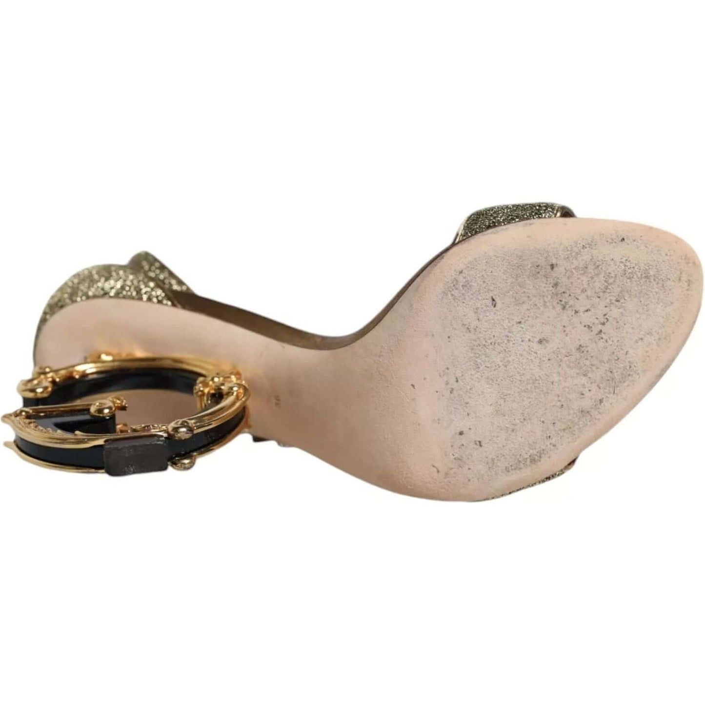 Alt Tag: Dolce & Gabbana Gold Lurex heel sandals showing sole and ankle strap details with slight wear marks.