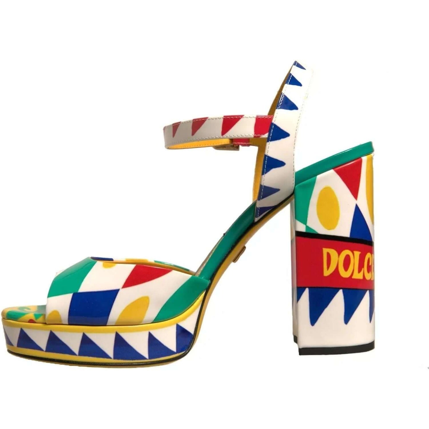 Dolce & Gabbana multicolor carretto ankle strap high heel sandal with calf leather, buckle closure, and logo details.