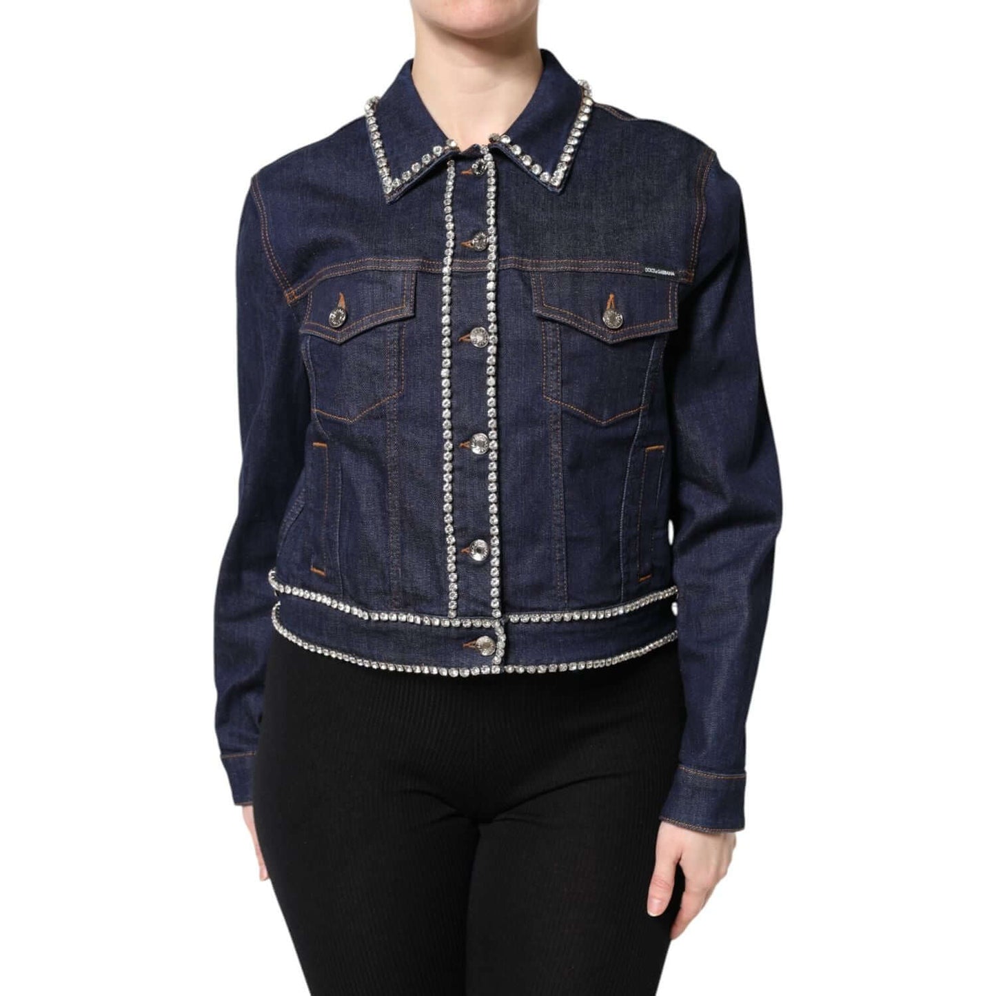 Dolce & Gabbana dark blue denim jacket with crystal embellishments, 100% cotton, button down, made in Italy
