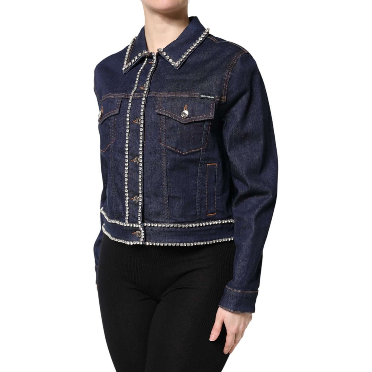 Dolce & Gabbana blue denim jacket with crystal embellishments, button-down long sleeves, crafted in Italy from cotton blend.