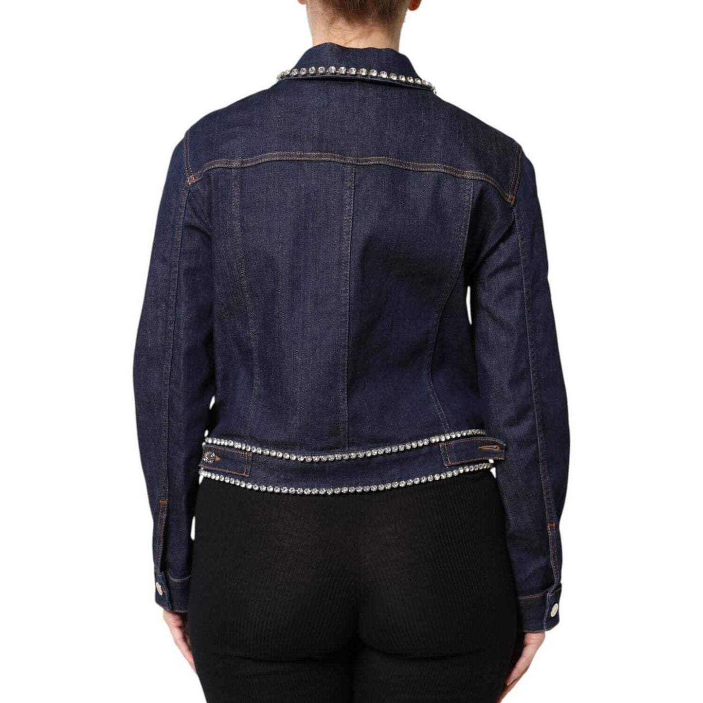 Dolce & Gabbana blue denim jacket with crystal embellishments, back view, 100% authentic, regular fit, button closure, made in Italy.