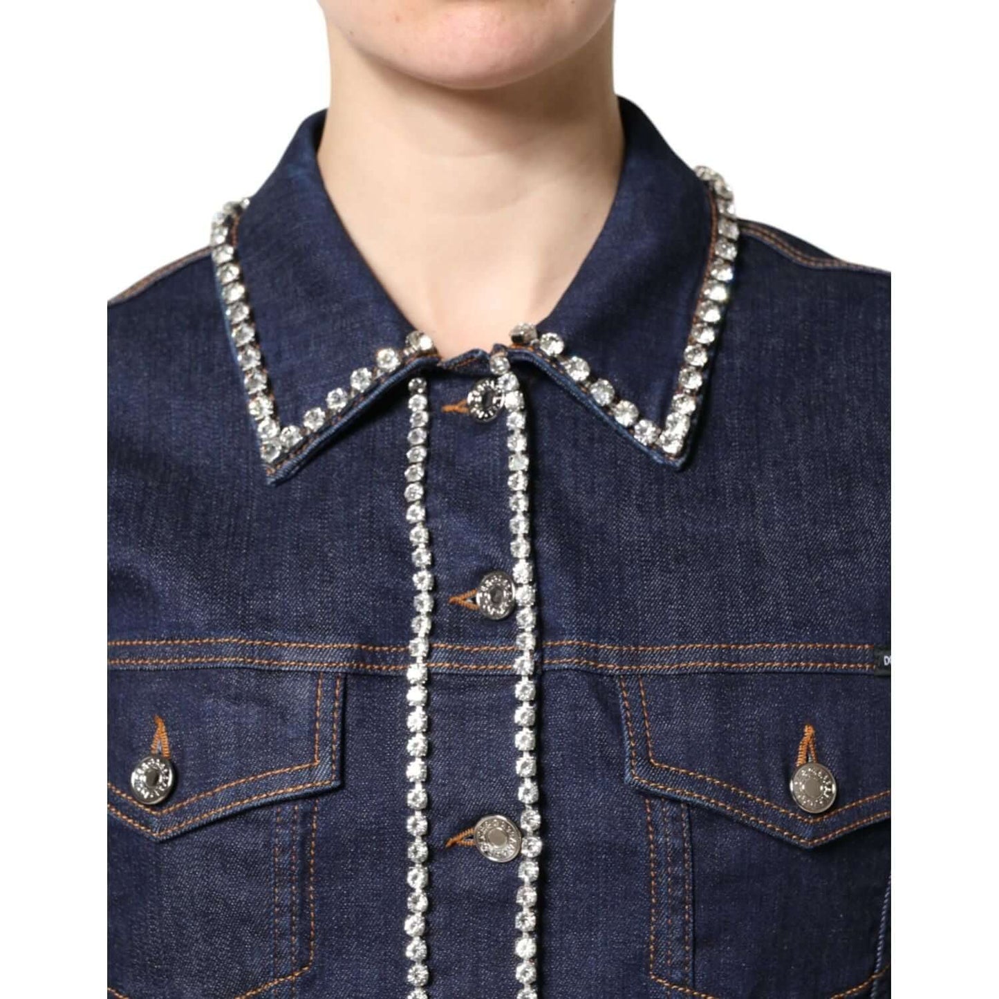 Dolce & Gabbana dark blue denim jacket with crystal embellishments and button closure, high craftsmanship, made in Italy