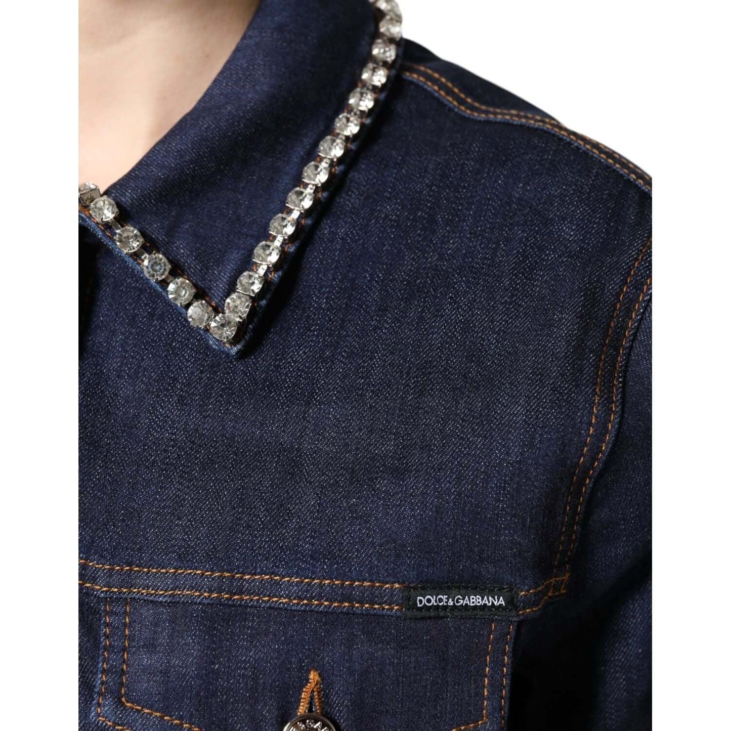 Dolce & Gabbana blue denim jacket with crystal collar, designer fashion, dark blue, luxury clothing, button front, made in Italy