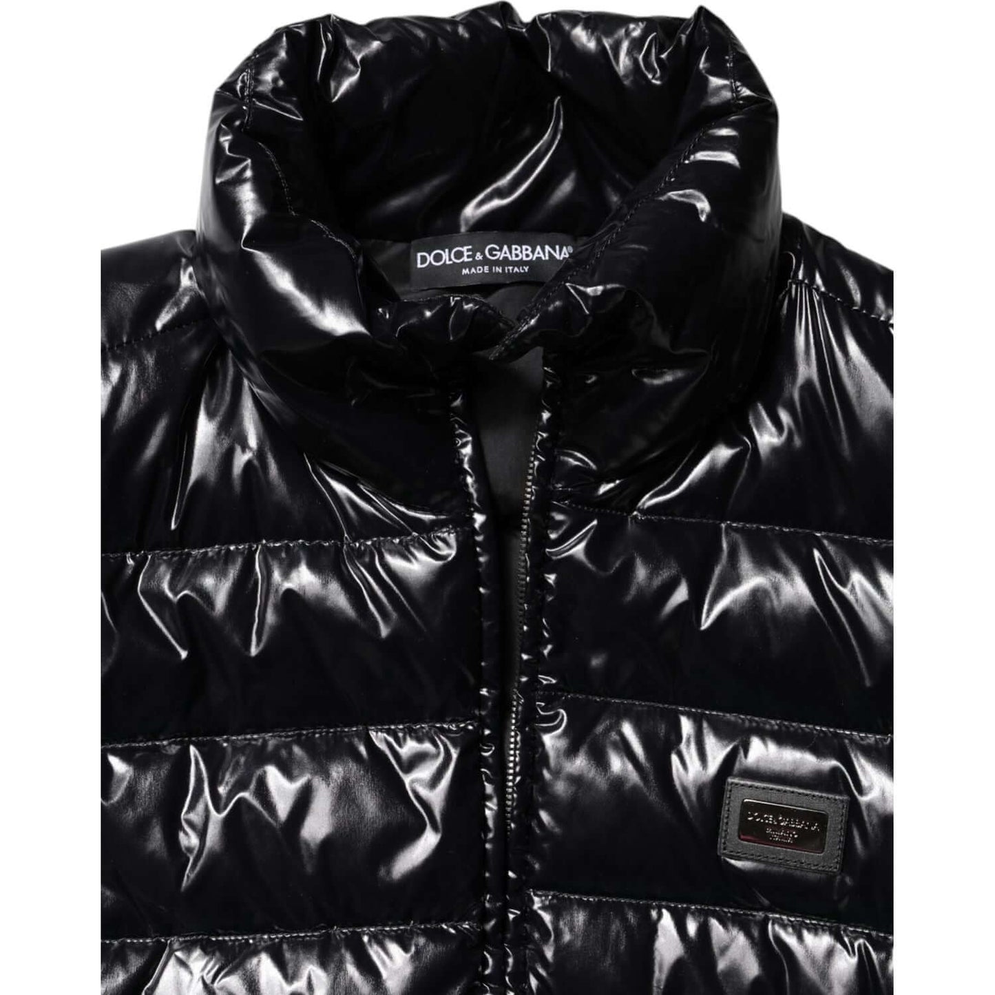 Dolce & Gabbana black puffer jacket with logo plaque, full zip, made in Italy, high-quality nylon polyurethane blend.