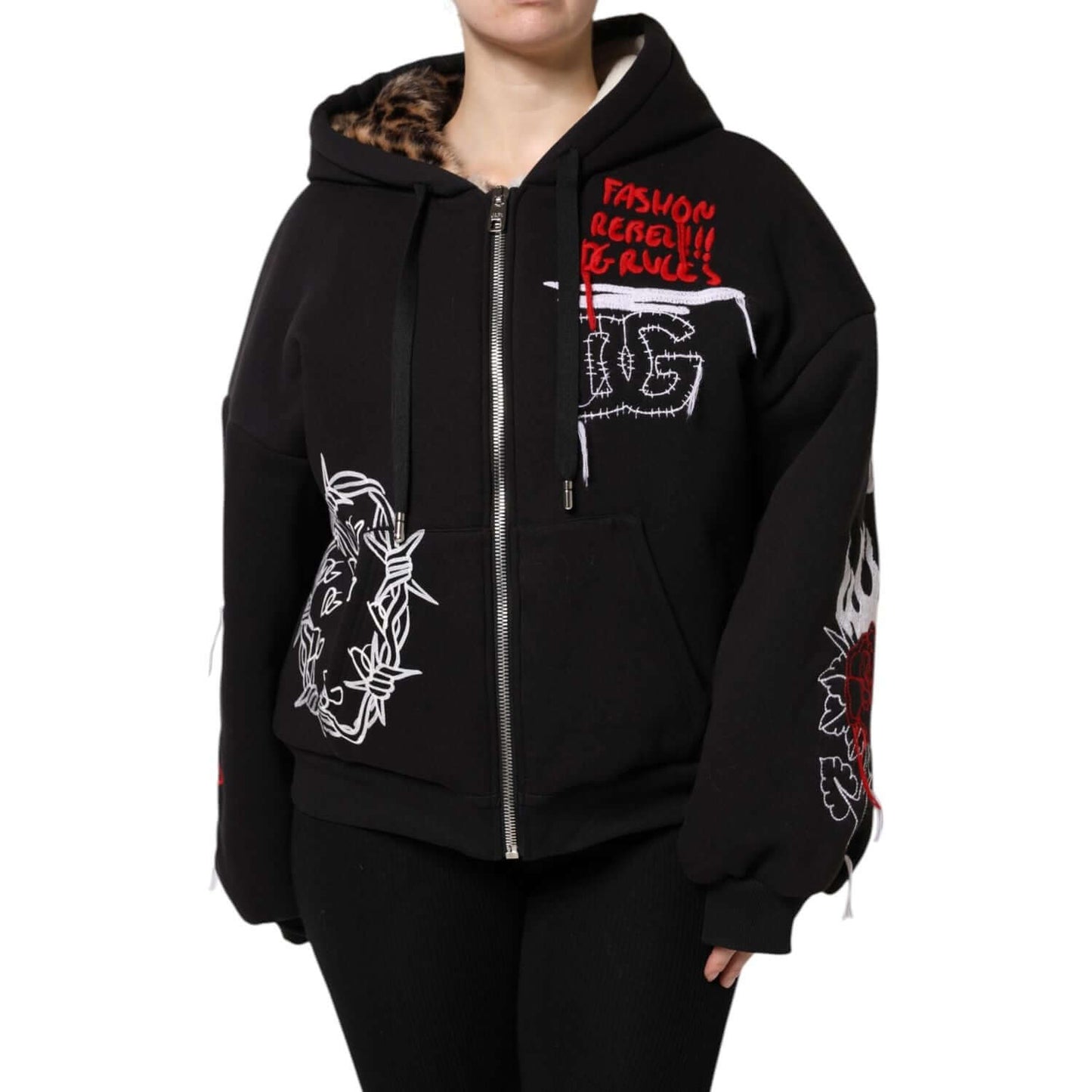 Dolce & Gabbana black embroidered hooded jacket, full zip, 100% cotton, Italian craftsmanship, exclusive design.