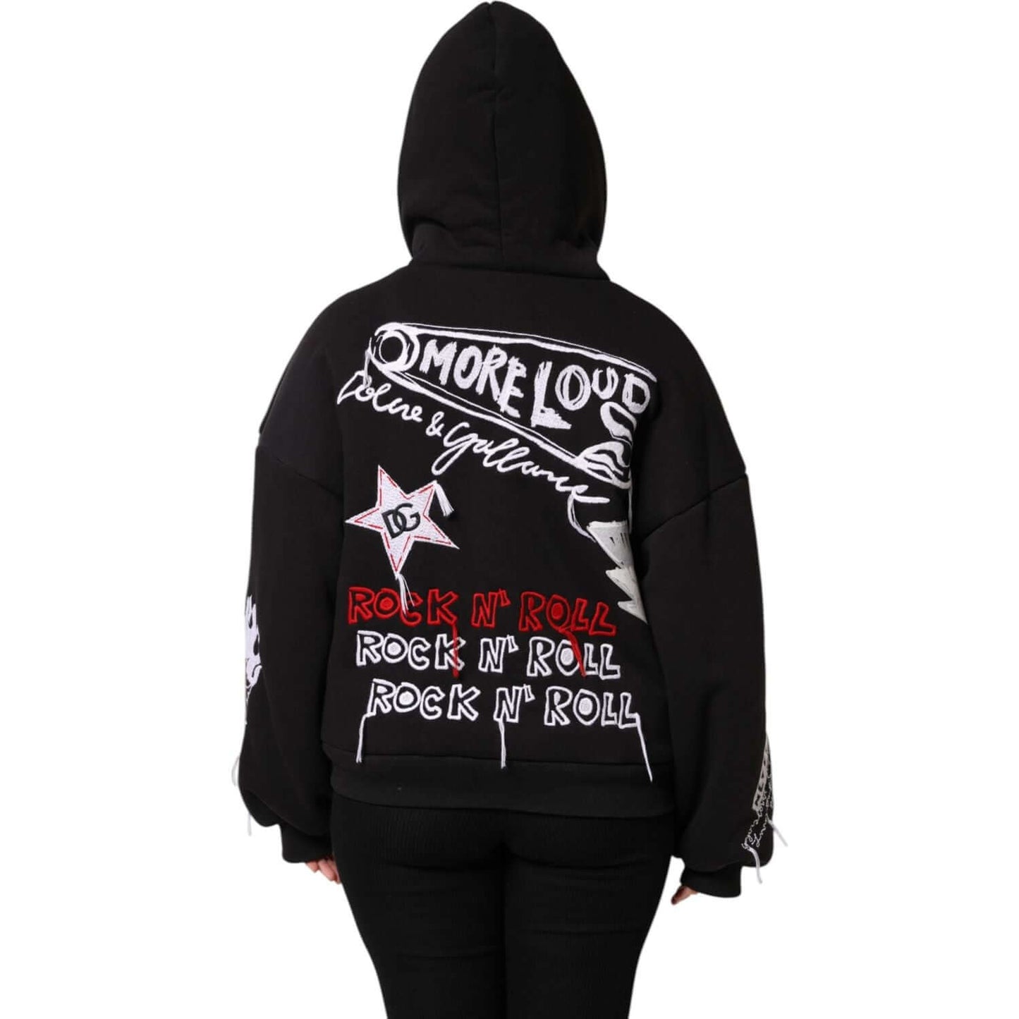 Dolce & Gabbana black hooded jacket with embroidered rock 'n' roll design, full zip, long sleeves, 100% cotton, made in Italy.