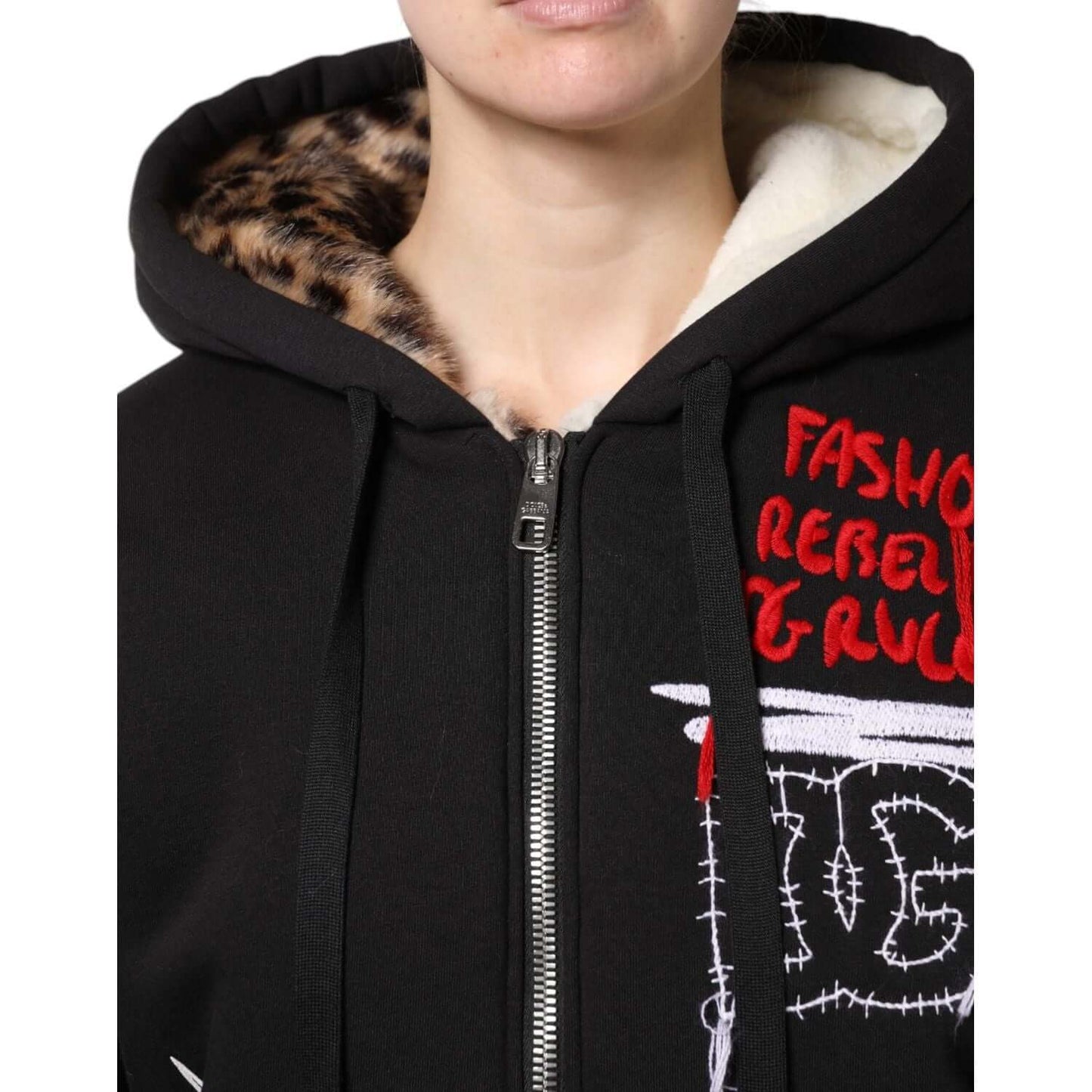 Dolce & Gabbana black hooded jacket with embroidery, full zip closure, and leopard print lining. Made of 100% cotton.