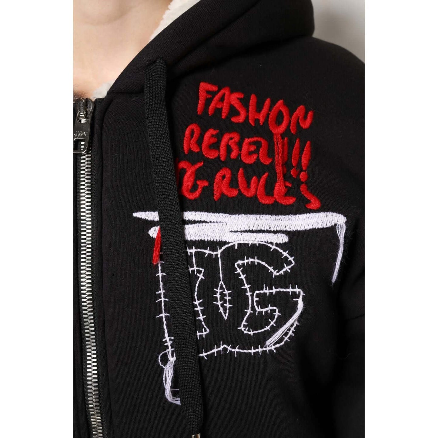 Dolce & Gabbana black hooded jacket with embroidery, full zip, cotton, logo details, made in Italy, fashion rebel design.