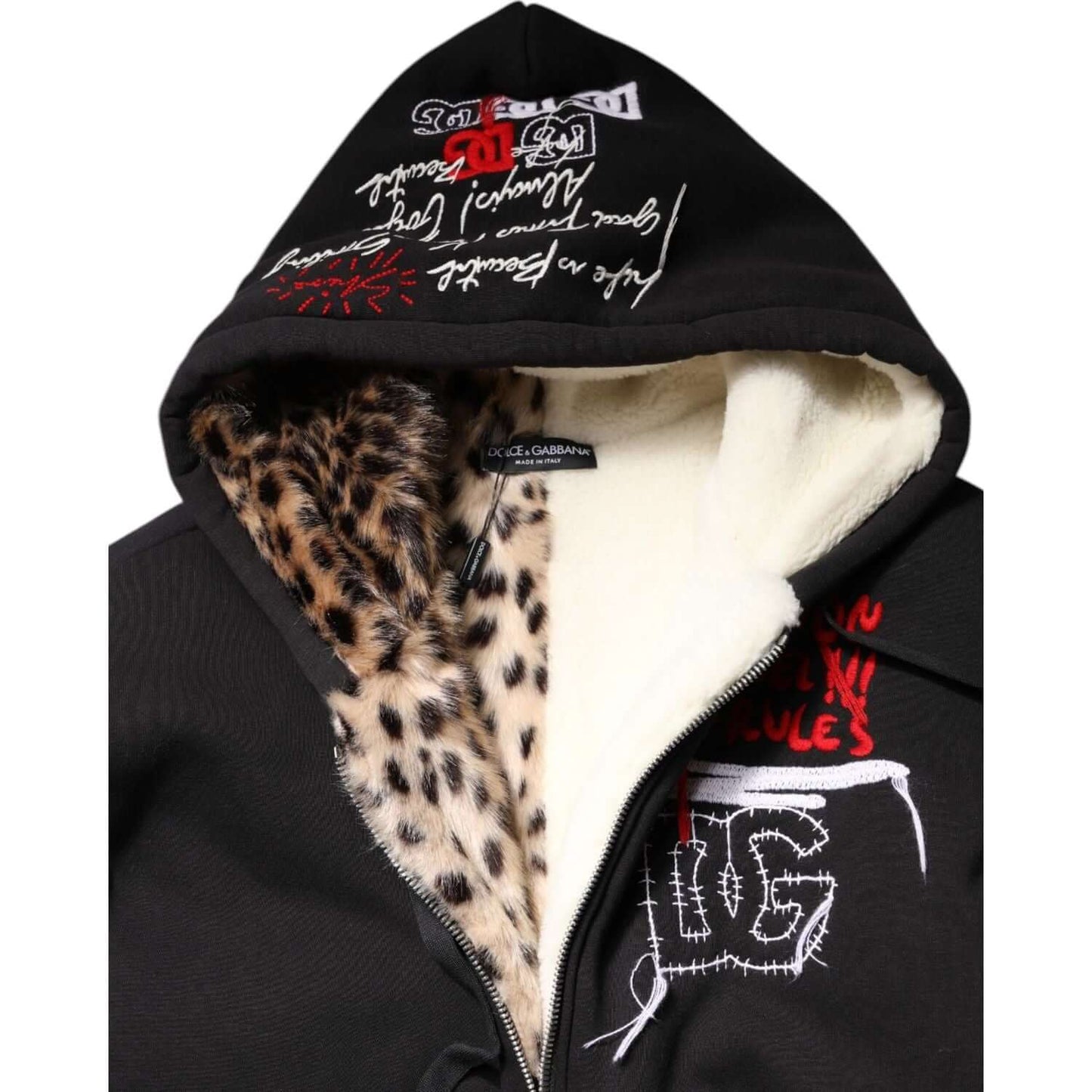 Dolce & Gabbana black embroidered hooded jacket with leopard print lining and full zip closure, 100% cotton, made in Italy.