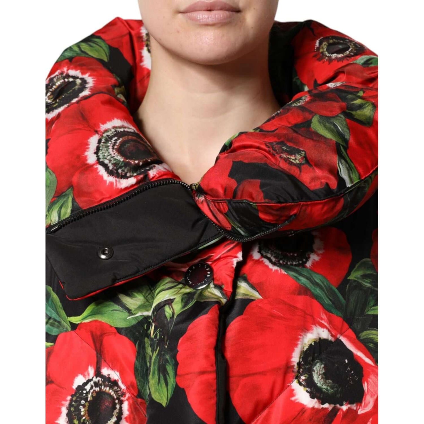 Dolce & Gabbana multicolor floral padded jacket with full zip closure and logo details, showcasing red and green floral design.
