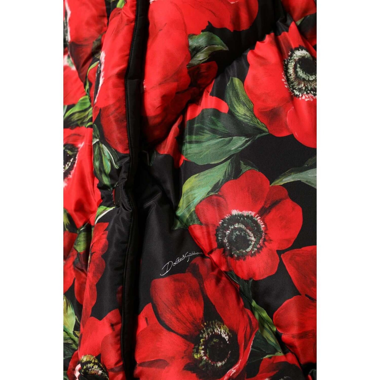 Dolce & Gabbana multicolor floral padded jacket with red poppy print and full zip closure, high craftsmanship detail.