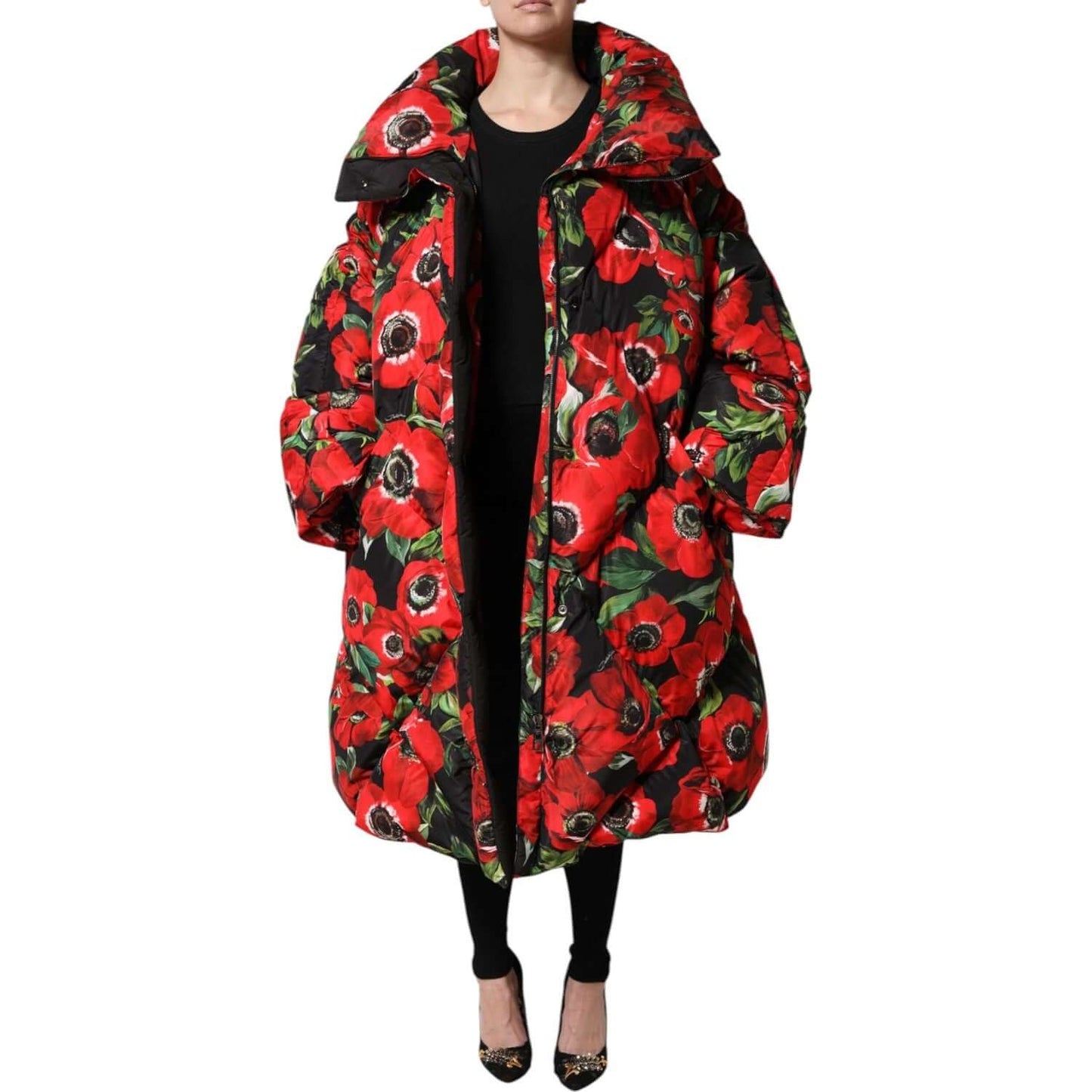 Dolce & Gabbana multicolor floral padded jacket with full zip, long sleeves, red and green print, made of 100% polyester.