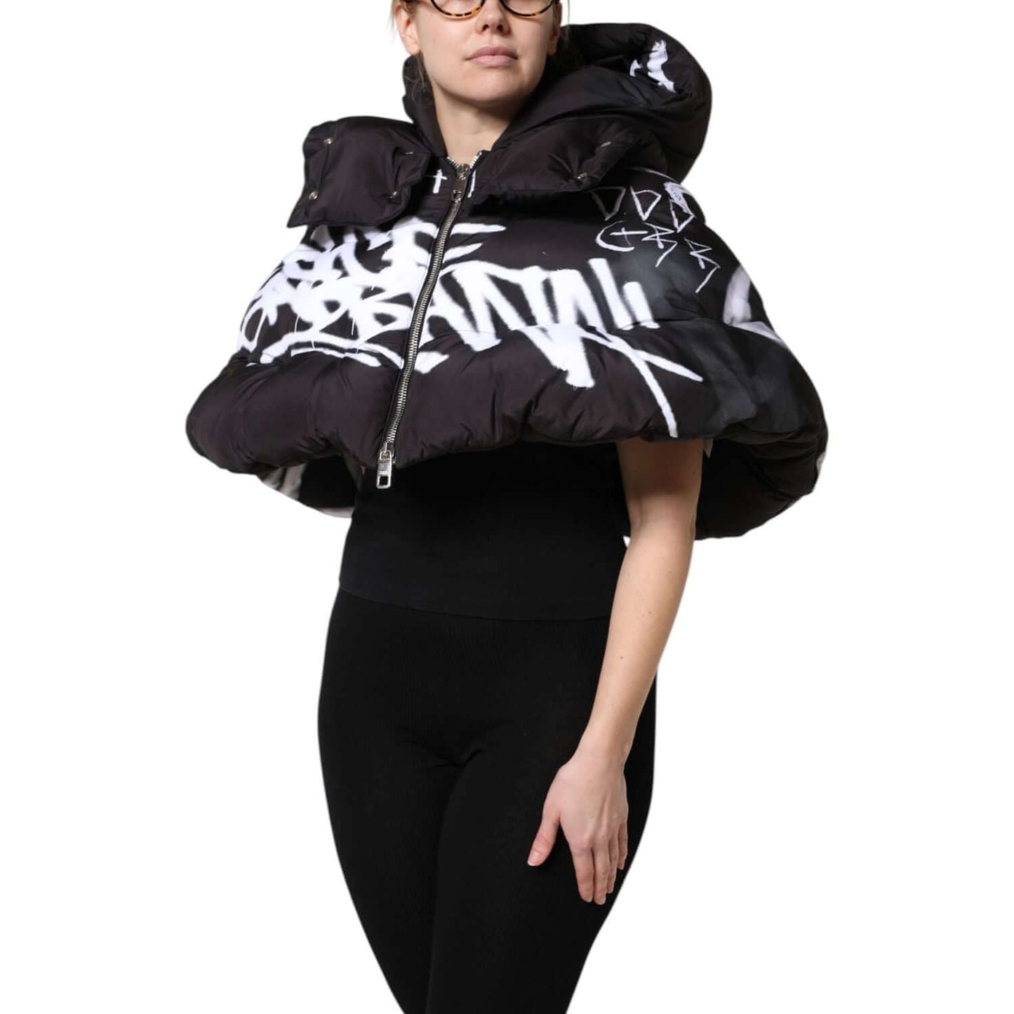 Dolce & Gabbana black padded hooded cropped puffer jacket with logo, full zip closure, made in Italy, high craftsmanship.