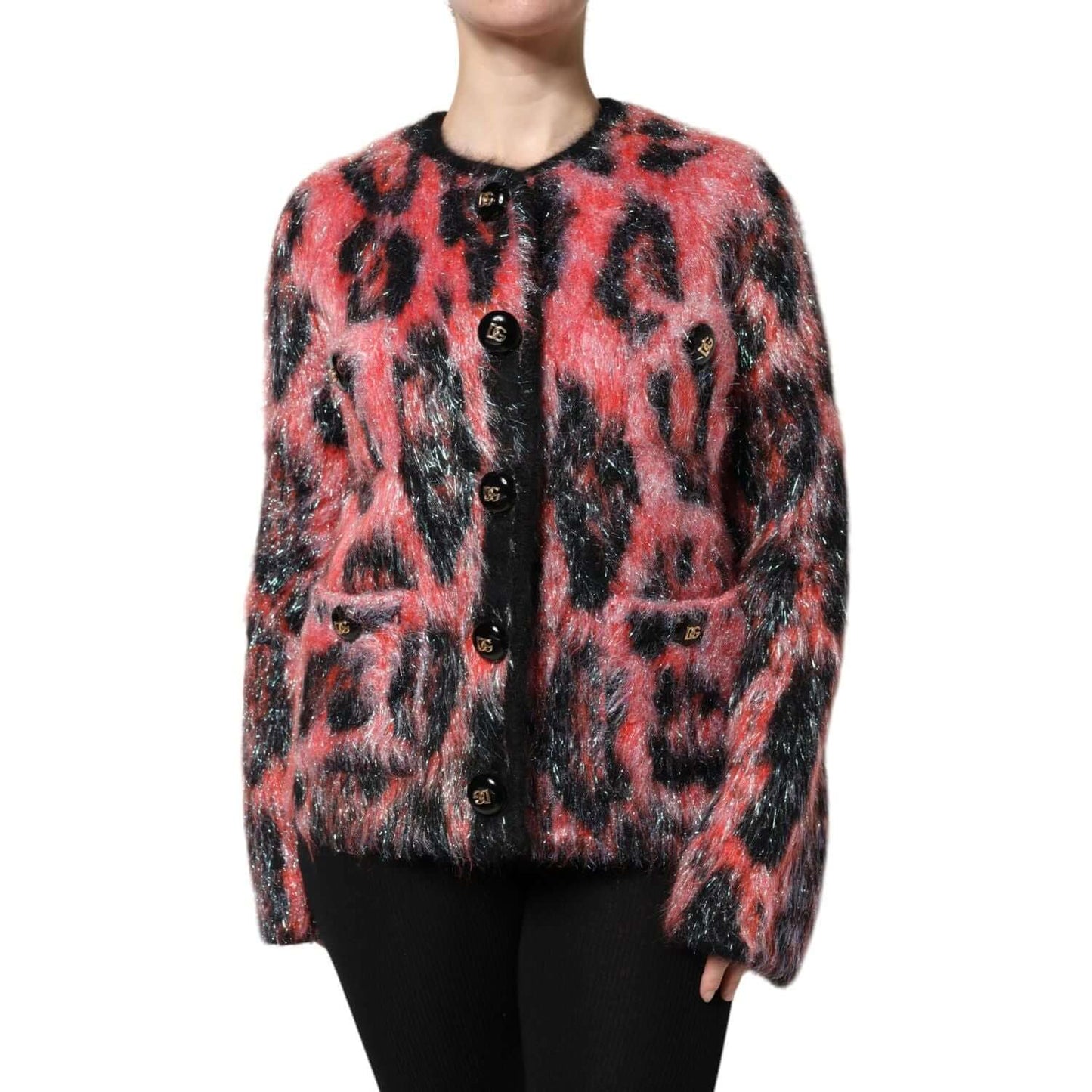 Dolce & Gabbana red mohair wool button down cardigan sweater with black leopard print and logo buttons