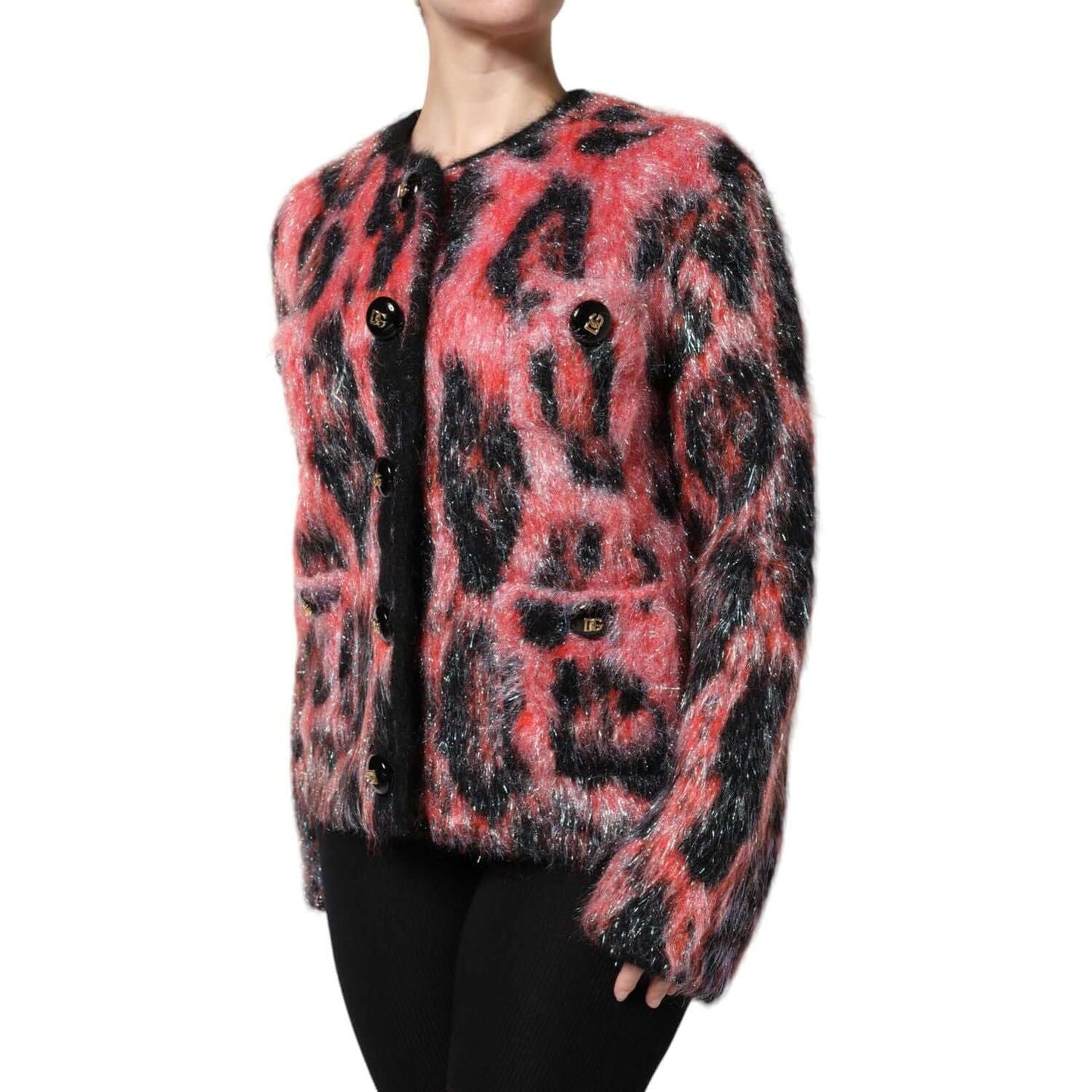 Dolce & Gabbana red mohair wool cardigan sweater with button closure and logo details, exclusive Italian craftsmanship.