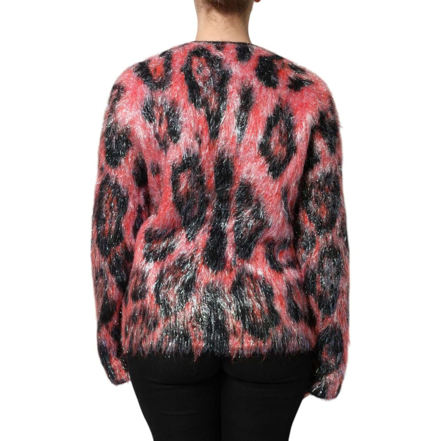 Back view of Dolce & Gabbana red and black mohair wool cardigan with button closure, exclusive Italian craftsmanship.