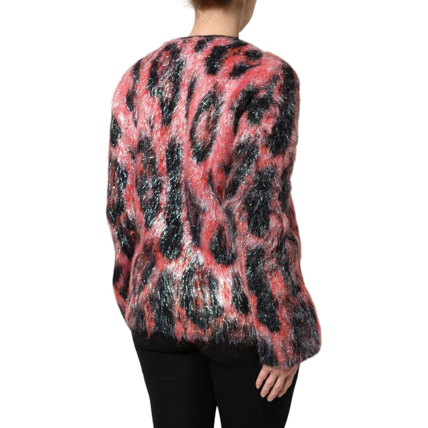 Dolce & Gabbana red mohair wool cardigan sweater back view, leopard print, high craftsmanship, button closure, made in Italy.